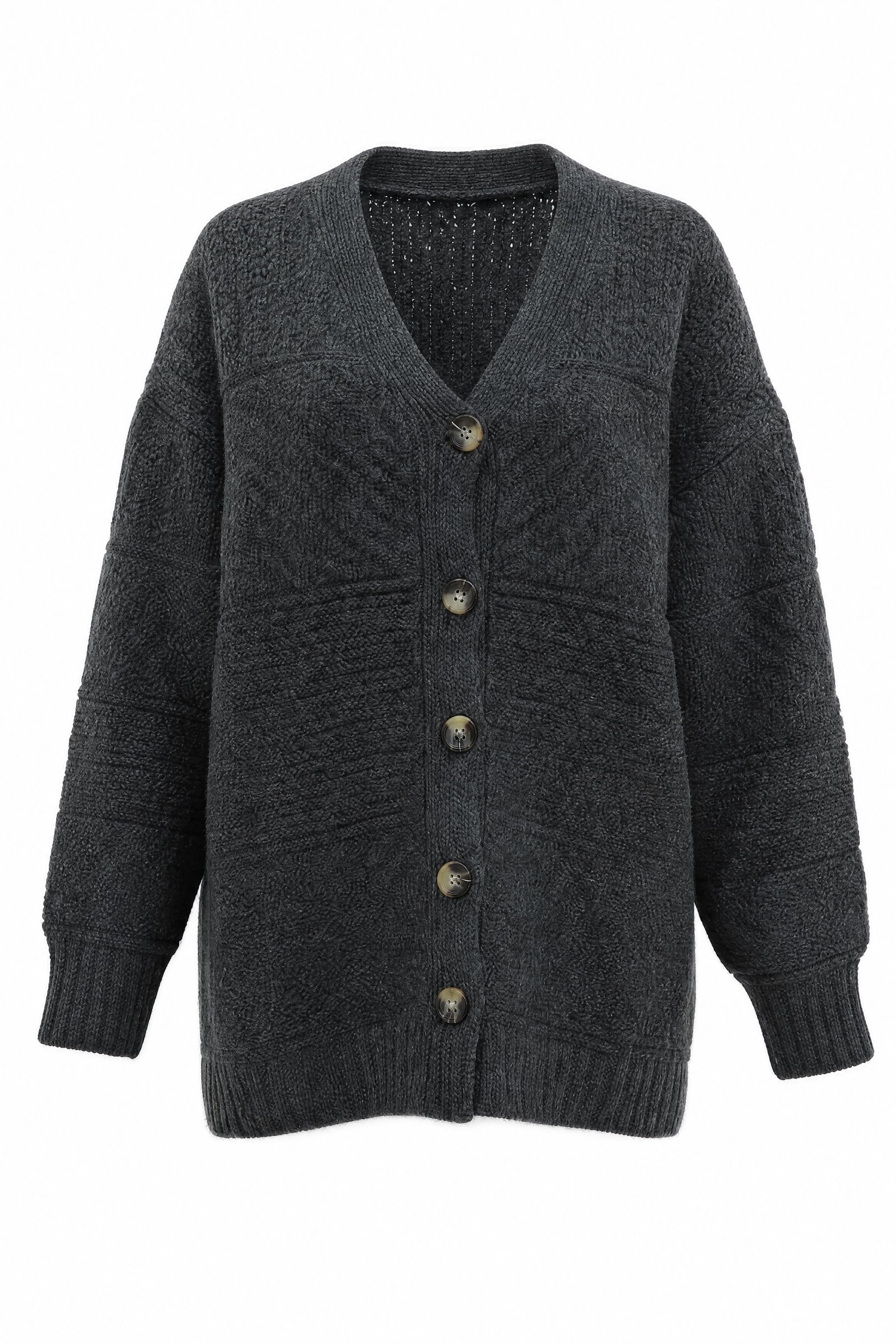 Button-Front V-Neck Relaxed Knit Cardigan - Smoke - Podyumplus - by Peralane - photo 6
