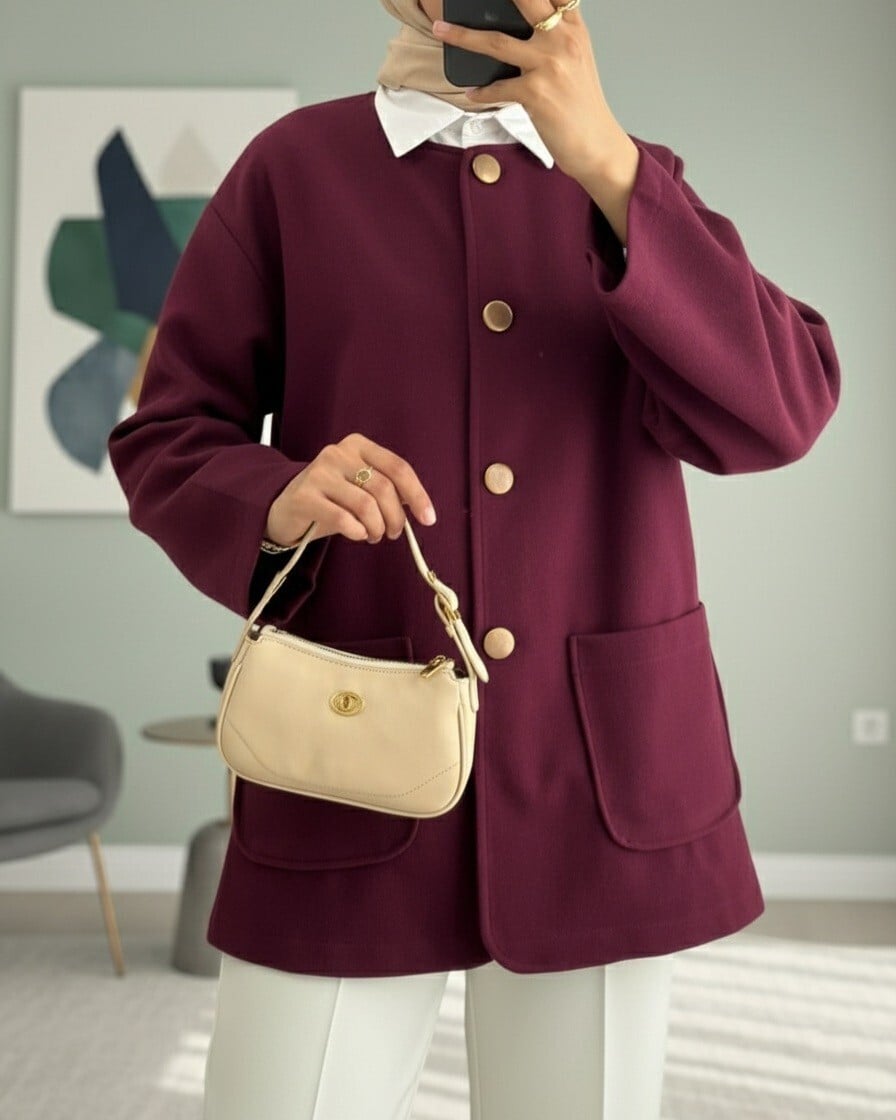Double Pocket Front Button Coat - Plum - Podyumplus - by Peralane - photo 3