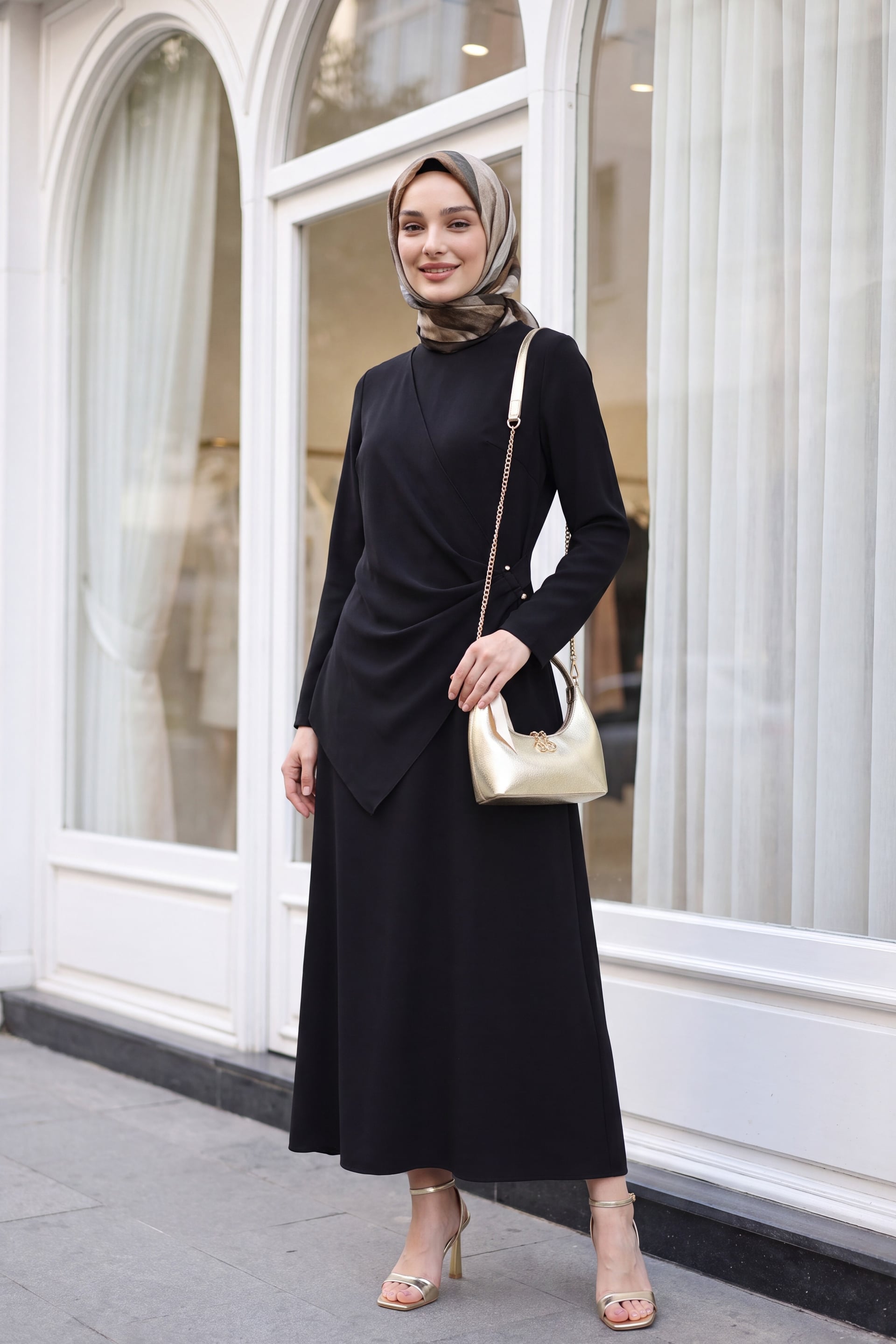 Cross Detail Buckled Round Neck Imported Crepe Dress - Dark Brown - Podyumplus - by Peralane - photo 5