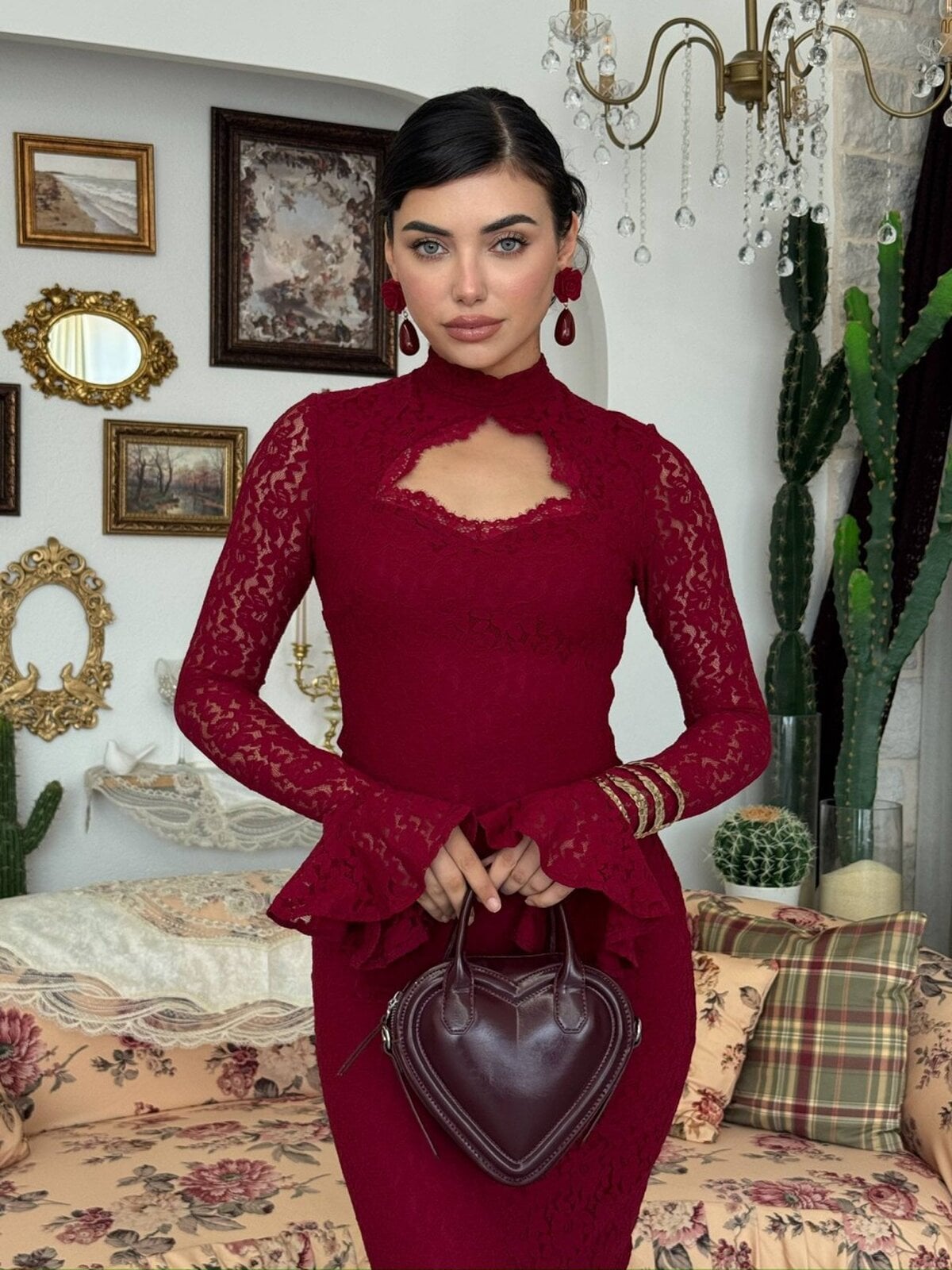 Wexo Lace Overlay Dress with Keyhole Neckline - Burgundy - Etika - by Peralane - photo 5