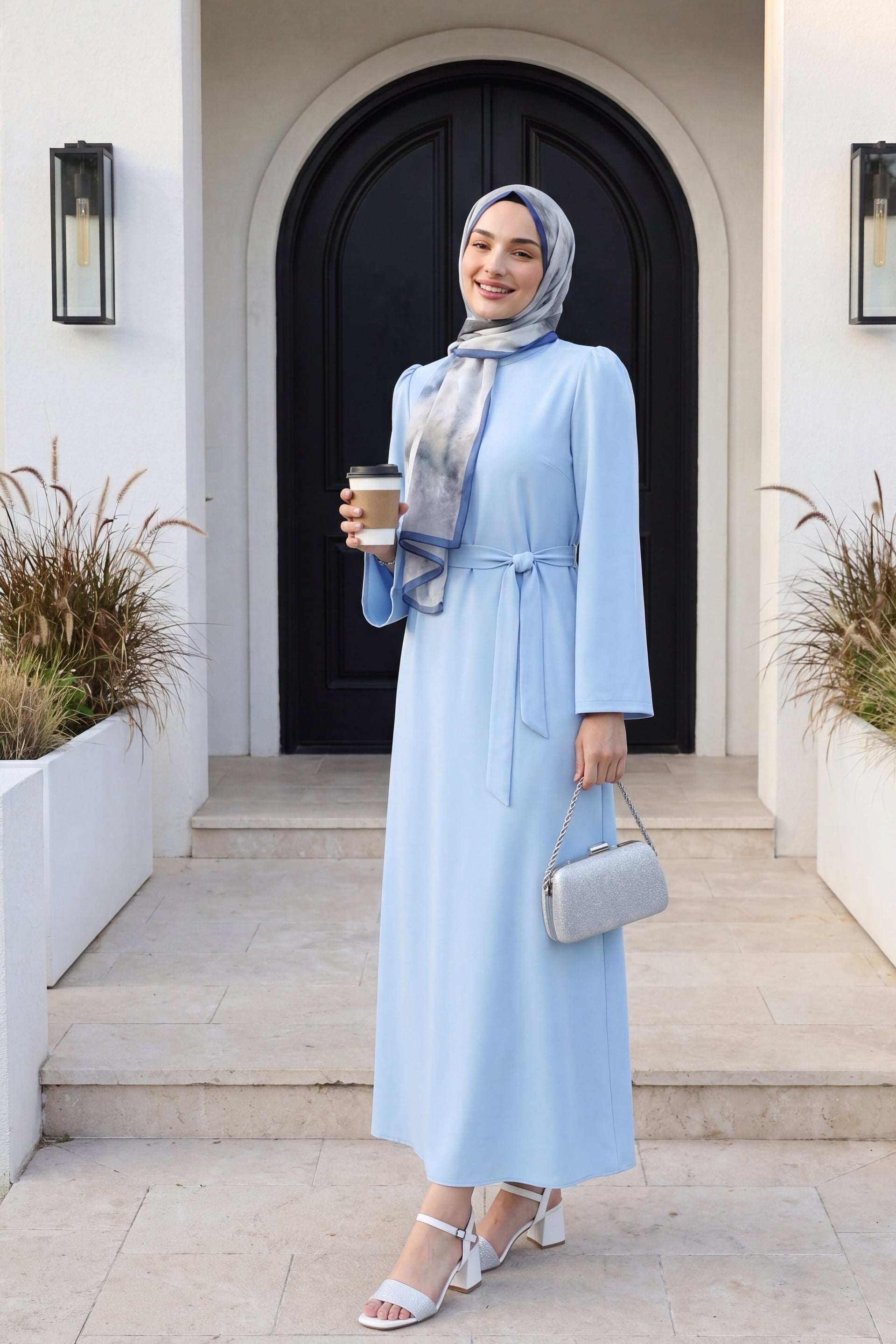 Light Blue Wrap-Front Belted Dress with Long Puffed Sleeves - Podyumplus - by Peralane - photo 2