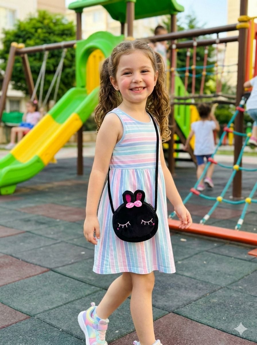 Black Round Plush Crossbody Bag with Pink Bunny Ears - Nesvay - by Peralane
