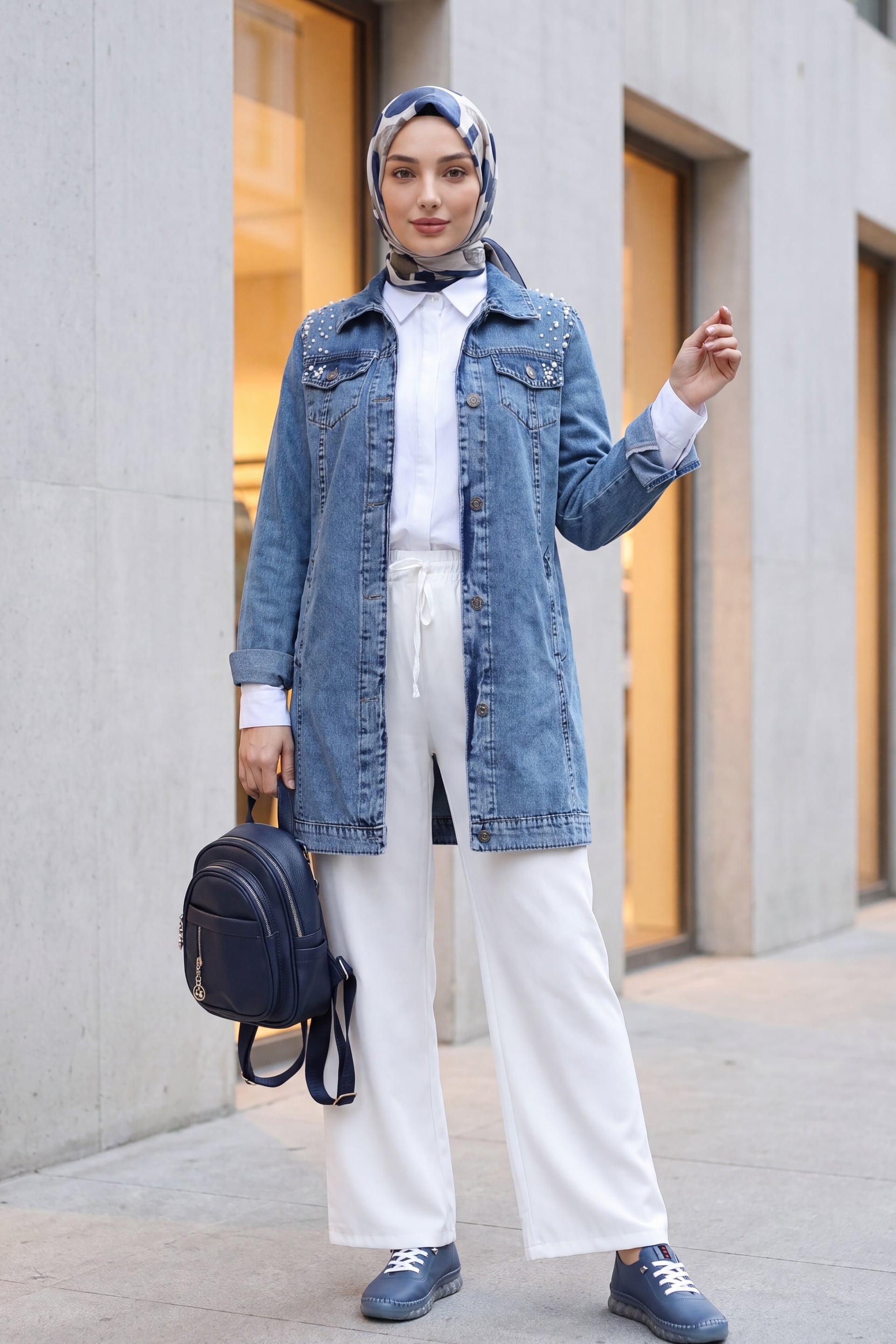 Stone Embellished Washed Denim Jacket - Blue - Podyumplus - by Peralane - photo 4