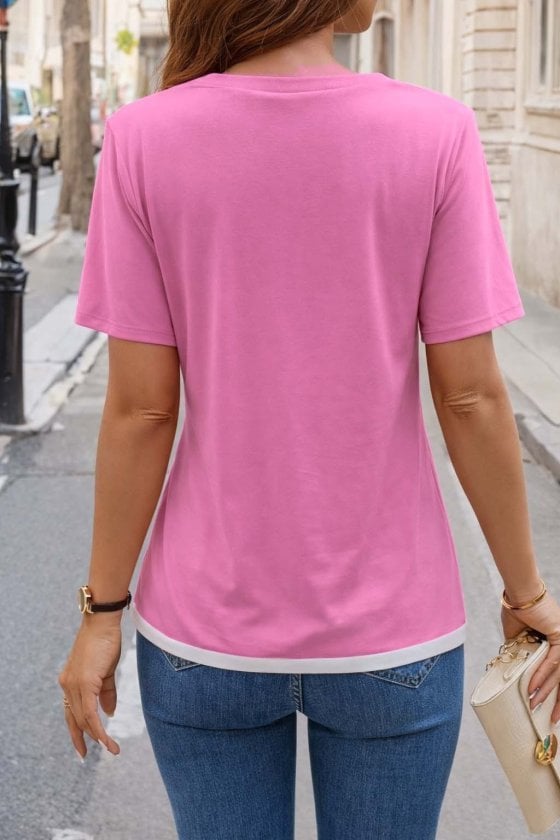 Women's Short Sleeve Crew Neck Viscose Blouse - Bright Pink with White Crossover Hem - Janes - by Peralane - photo 4
