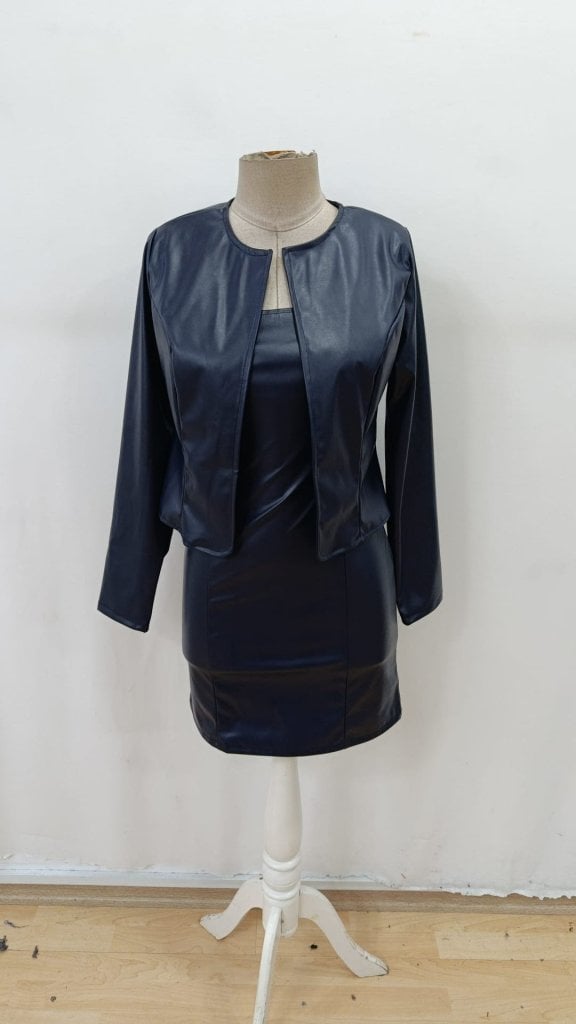 Women's Long Sleeve Open Front Faux Leather Jacket and Round Neck Mini Dress Two-Piece Set - Janes - by Peralane - photo 4