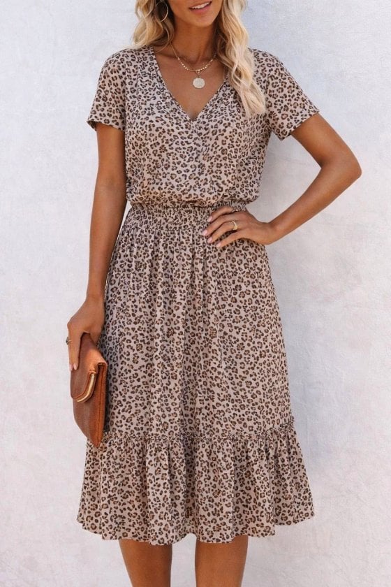 Women's V-Neck Short-Sleeve Smocked Waist Tiered Midi Dress with Leopard Print - Janes - by Peralane