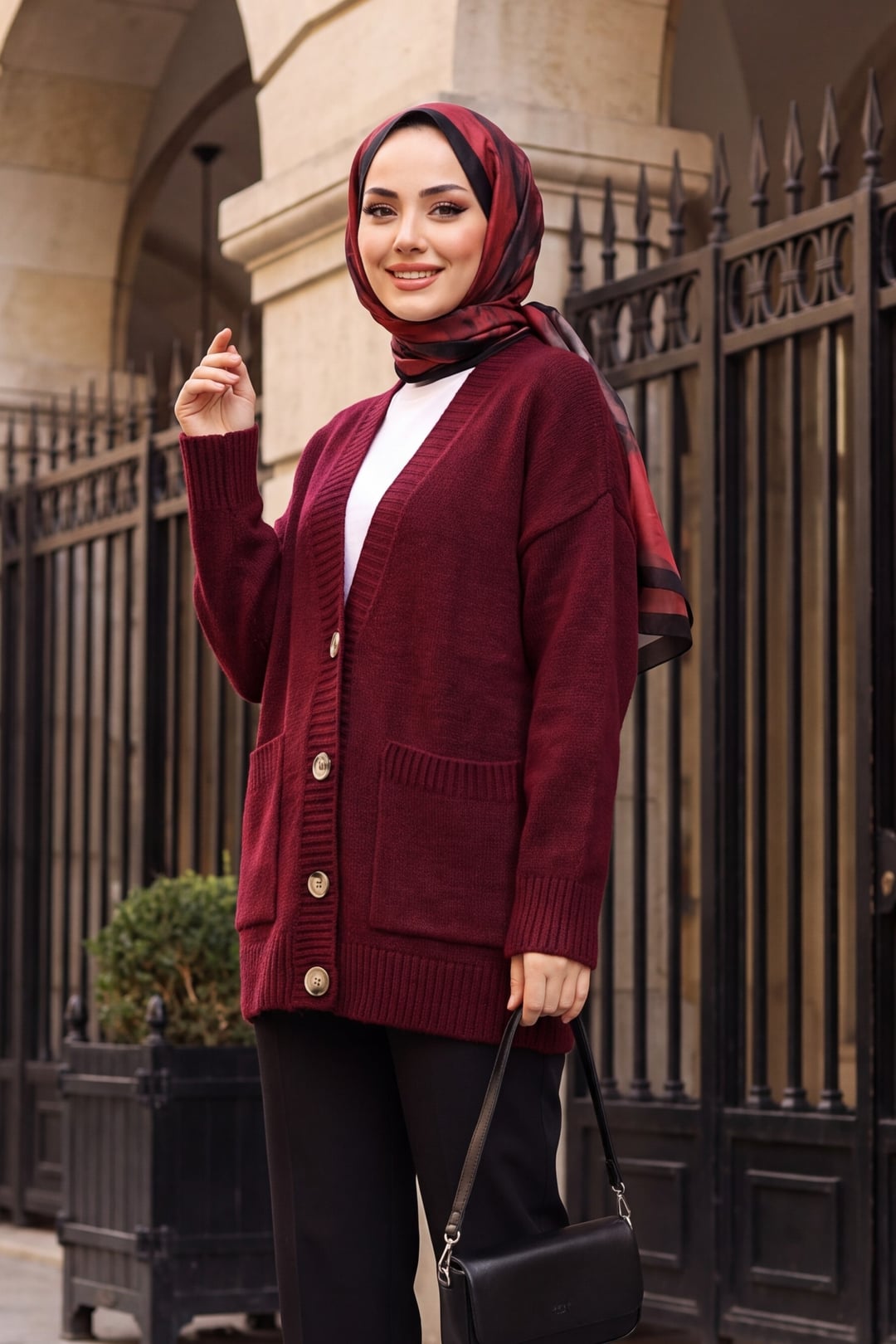 Buttoned Double Pocket Relaxed Knit Cardigan - Burgundy - Podyumplus - by Peralane - photo 3