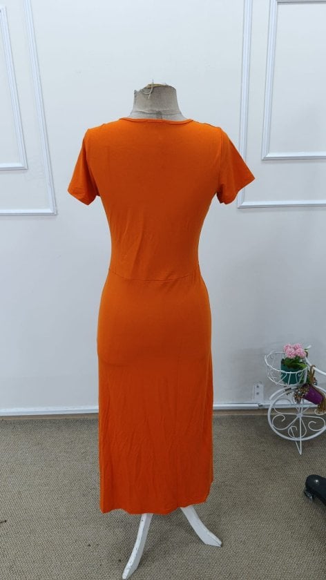 Women's Orange Midi Dress with Side Slit, Short Sleeves - Janes - by Peralane - photo 6