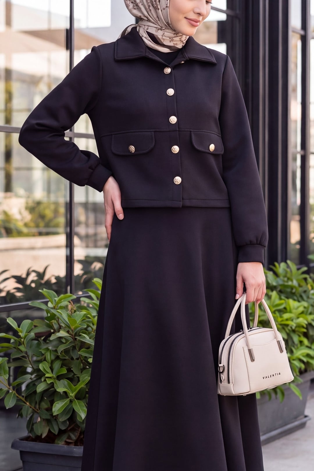 Pocket Detail Buttoned Skirt Scuba Co-ord Set - Black - Podyumplus - by Peralane