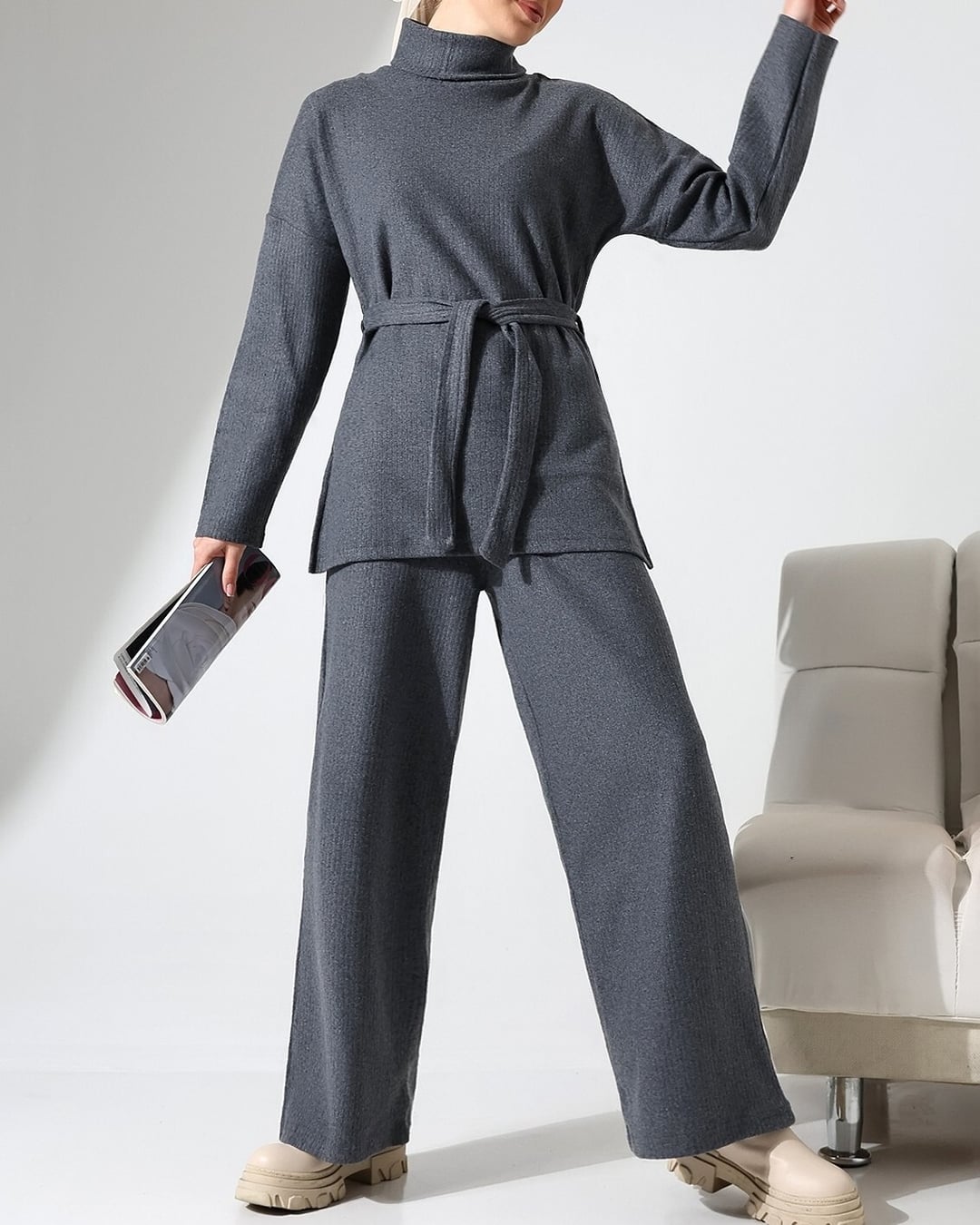 Half-Collar Belted Ribbed Lounge Set - Smoke - Podyumplus - by Peralane - photo 5