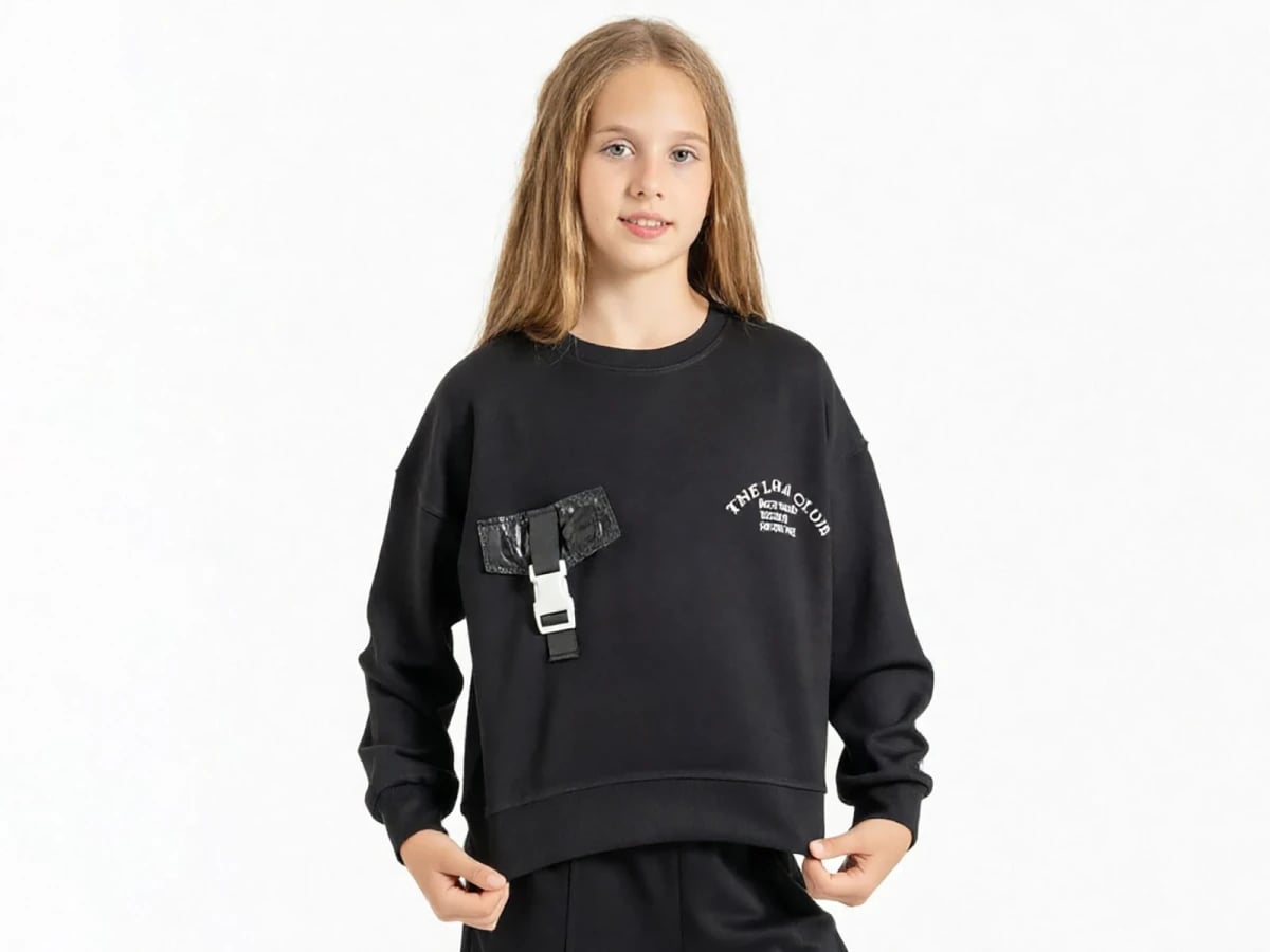 Girls' Printed Black Sweatshirt with Buckle Detail - Pack of 4 - ÖZ Bebe - by Peralane