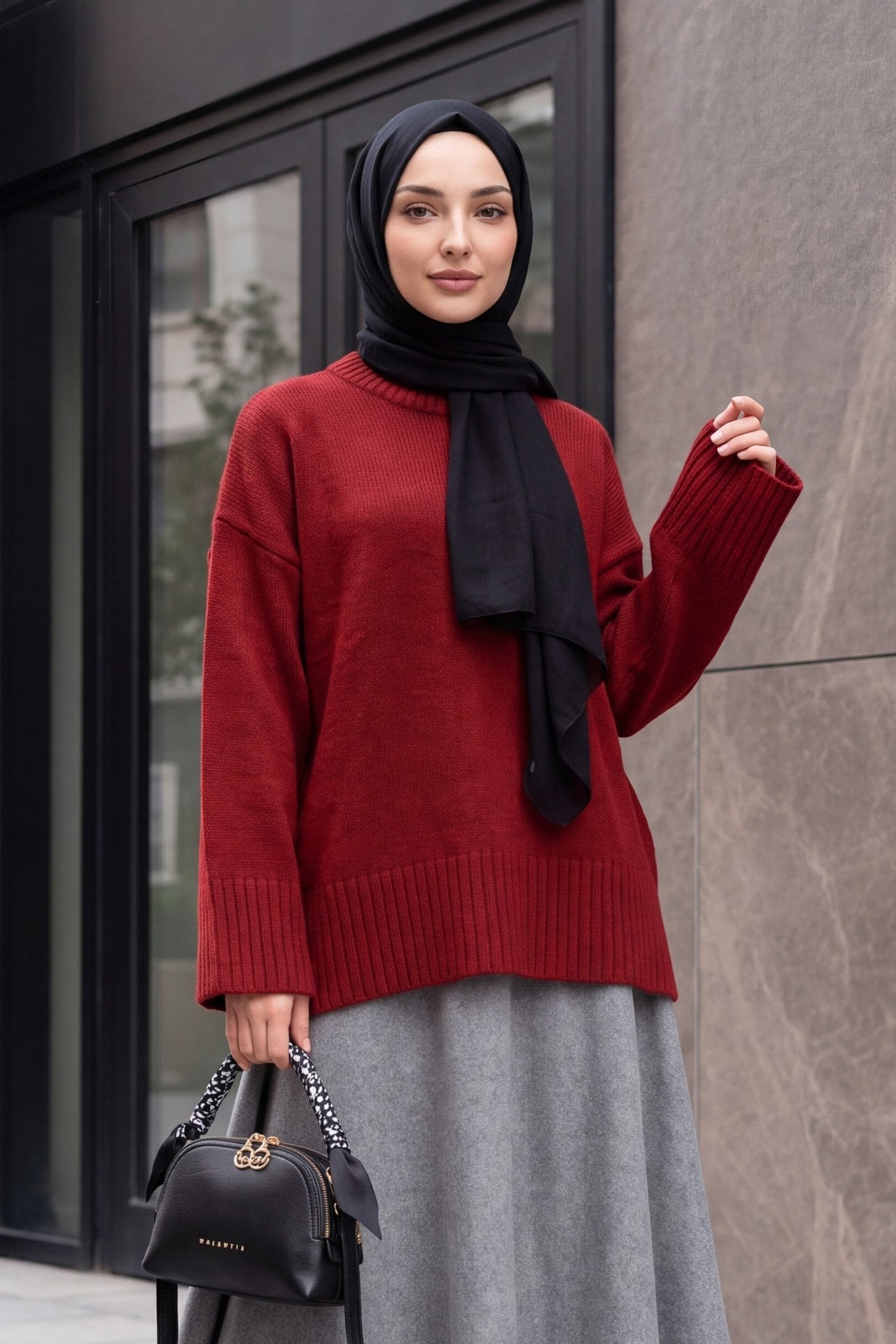 Bisiklet Yaka Eteği Fitilli Salaş Triko Kazak - Bordo - Podyumplus - by Peralane - photo 2