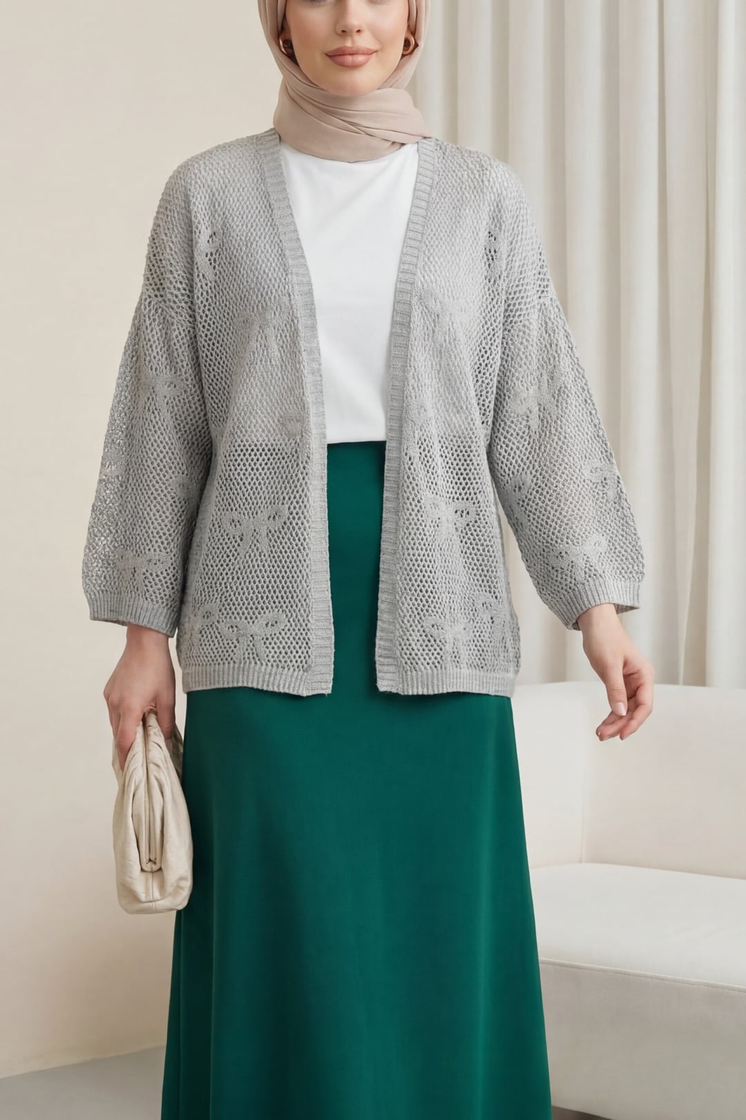 Grey Bow Patterned Open-Front Knit Cardigan - Podyumplus - by Peralane