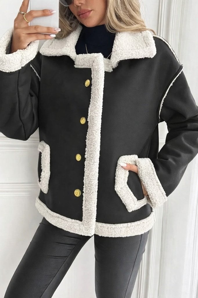Women's Black Faux Leather Jacket with Sherpa Trim and Button Front - Janes - by Peralane - photo 3