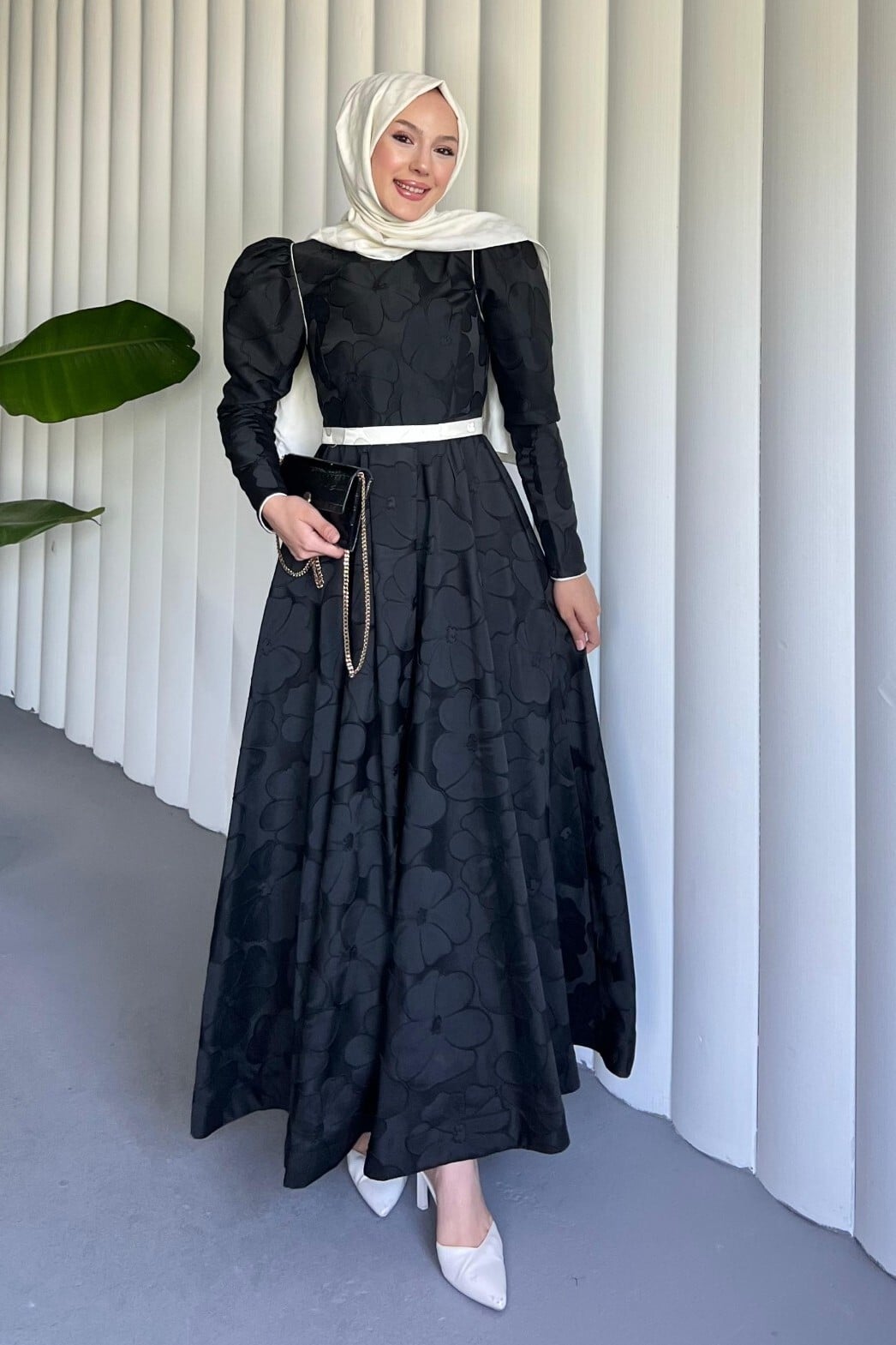 Black Belted Balloon Skirt Cold Print Kaftan Evening Dress - Podyumplus - by Peralane - photo 5