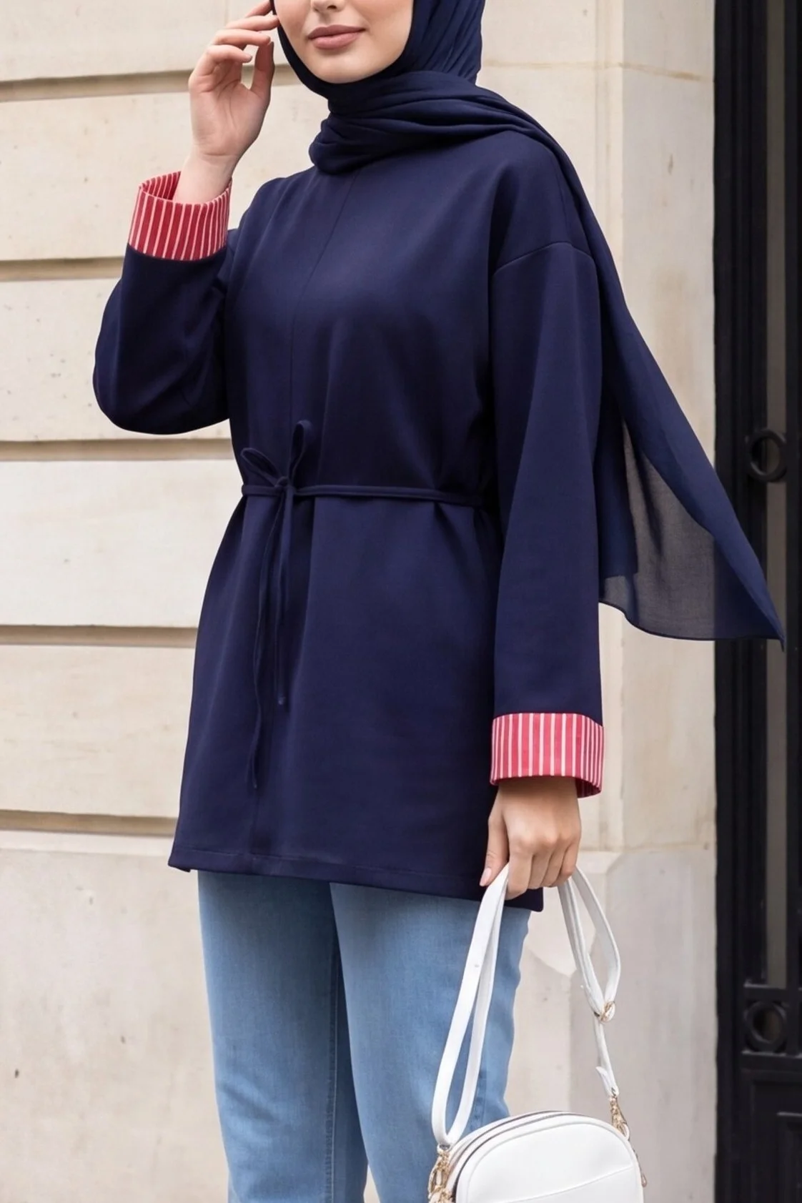 Navy Blue Drawstring Waist Tunic with Striped Cuffs - Podyumplus - by Peralane