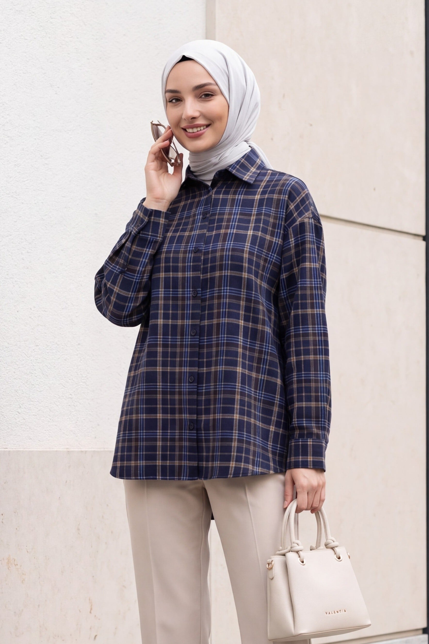 Navy Plaid Oval Cut Oversize Shirt for Women - Podyumplus - by Peralane