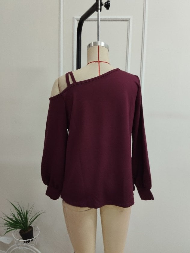 Women's Long-Sleeved One-Shoulder Cross-Strap Burgundy Ribbed Blouse - Janes - by Peralane - photo 5