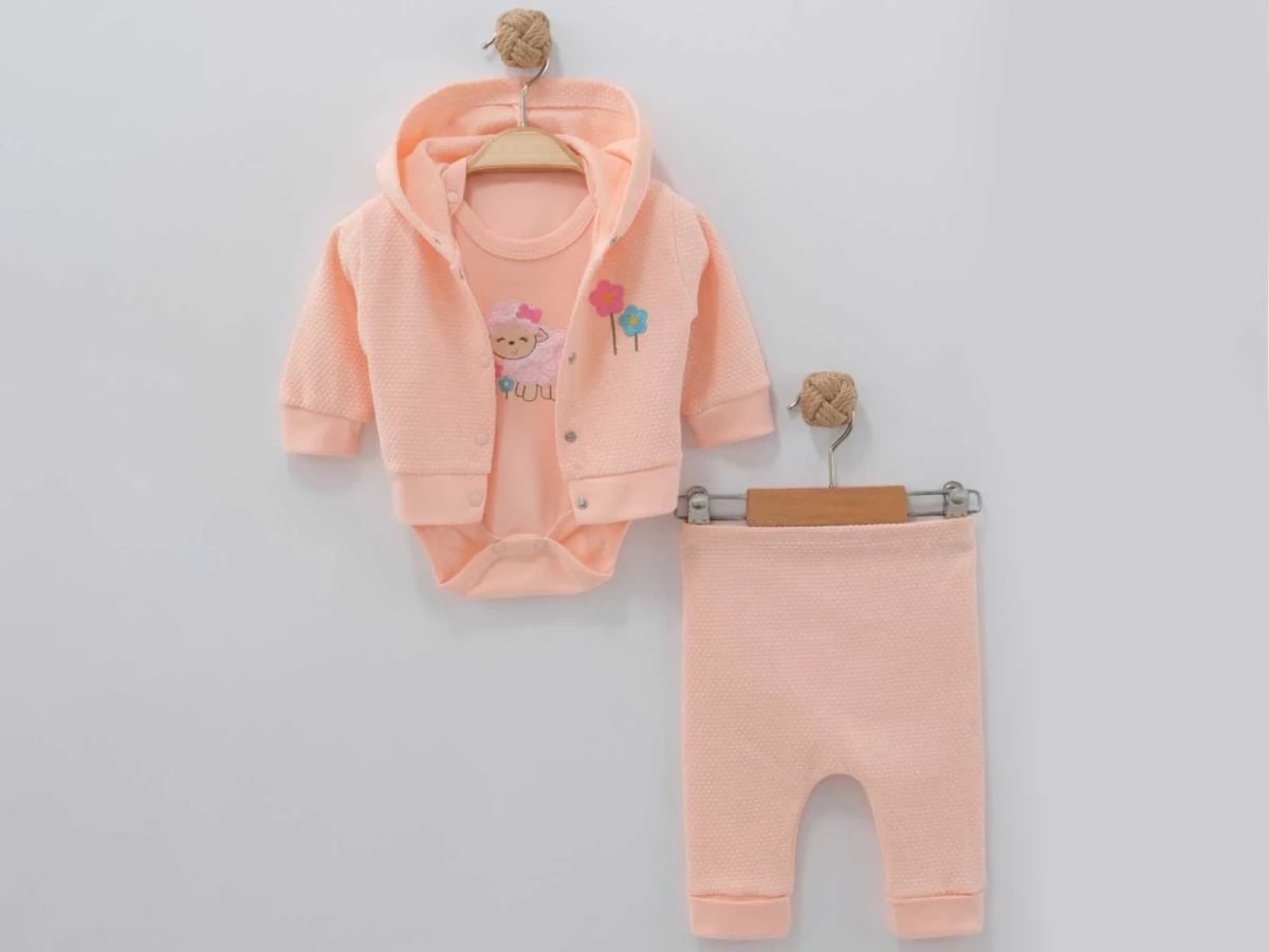 Baby Girls' Knit Set with Sheep Embroidery Bodysuit, Hooded Jacket, and Pants - Nayinom - by Peralane