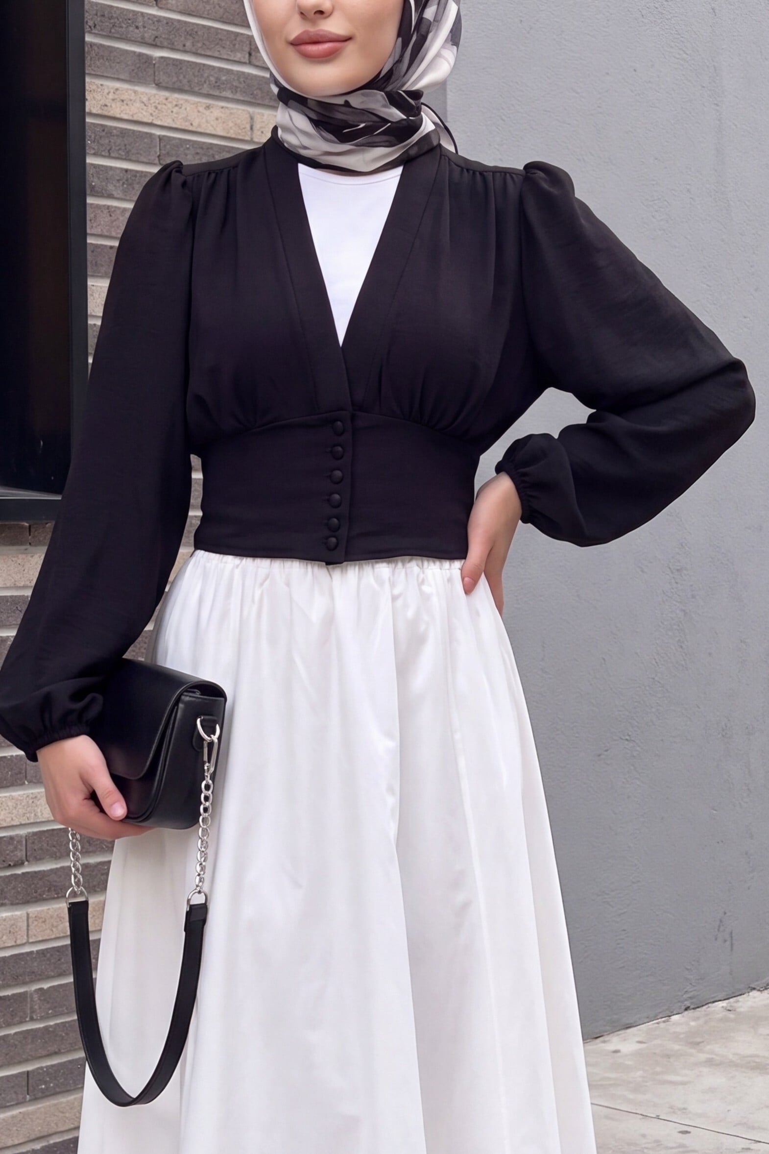 Black Button-Front Balloon Sleeve Crop Blouse - Podyumplus - by Peralane - photo 3