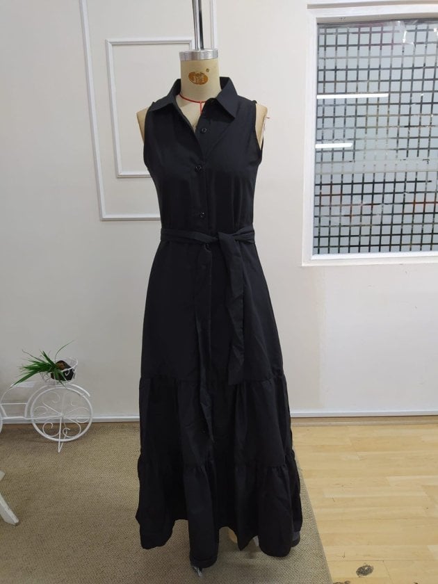 Women's Sleeveless Collared Button-Front Belted Maxi Cotton Dress - Janes - by Peralane - photo 4
