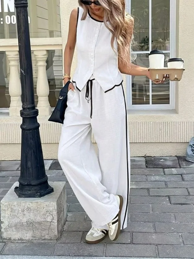 Women's Sleeveless Button-Front Vest and Wide-Leg Trousers Two-Piece Set - Janes - by Peralane