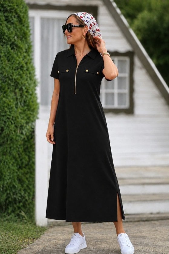 Women's Short Sleeve Collared Zip Front Long Jersey Dress - Janes - by Peralane - photo 2