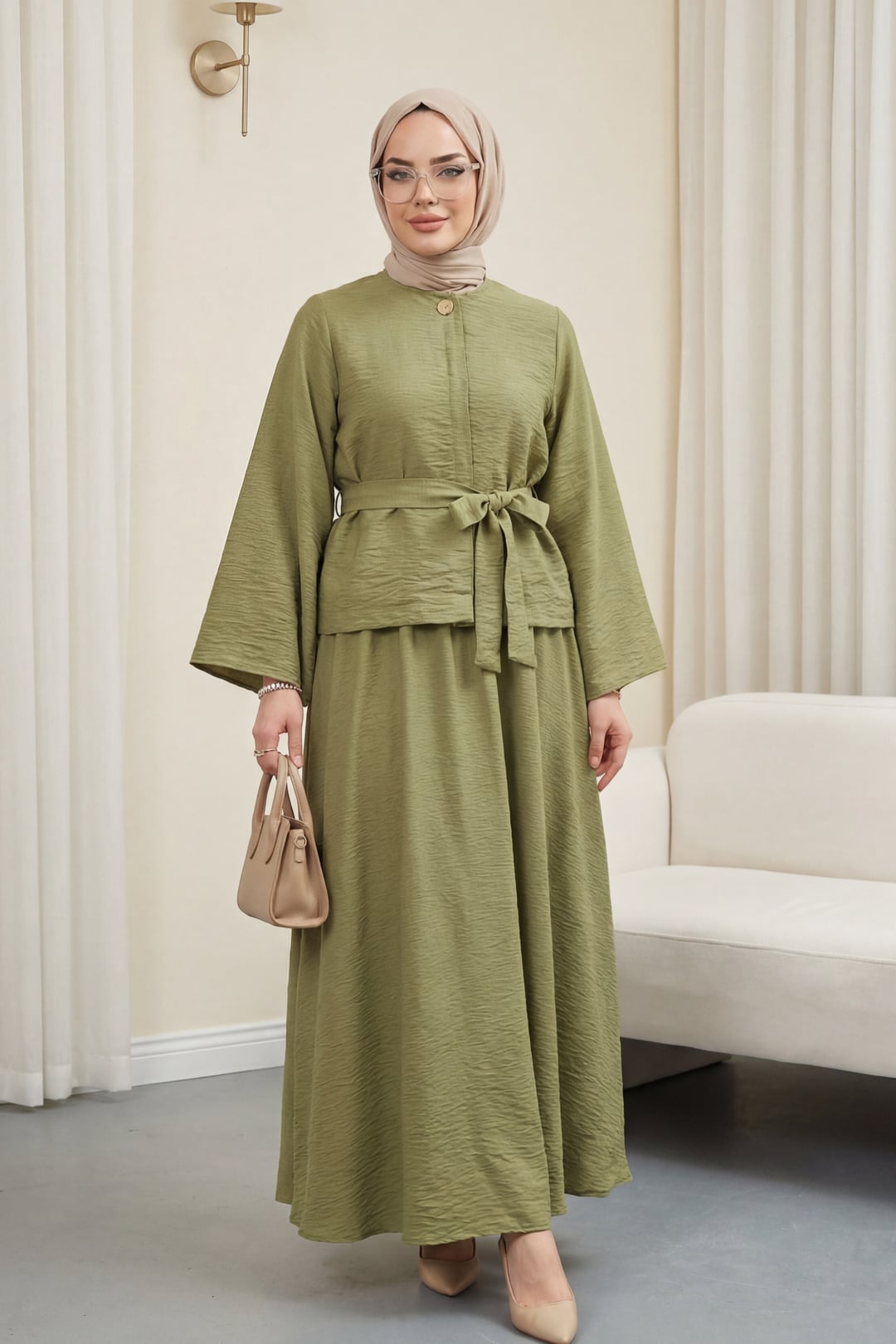 Single Button Belted Skirt Co-ord Set - Olive Green - Podyumplus - by Peralane