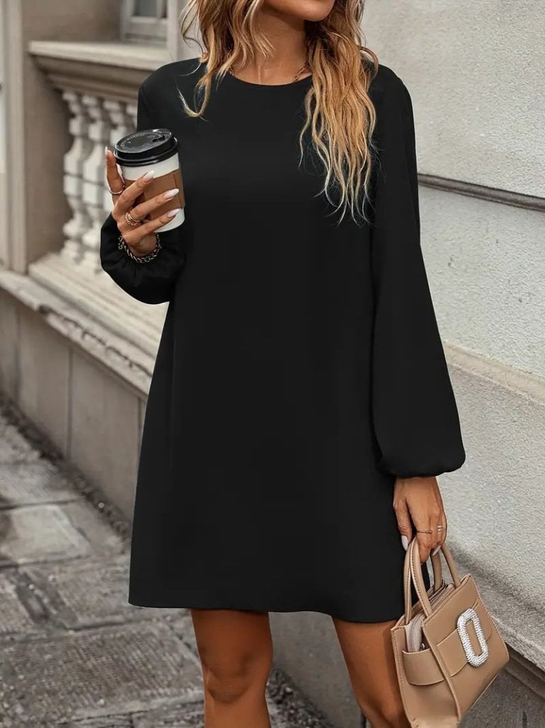 Women's Long Sleeve Round Neck Mini Crepe Dress in Black - Janes - by Peralane - photo 3