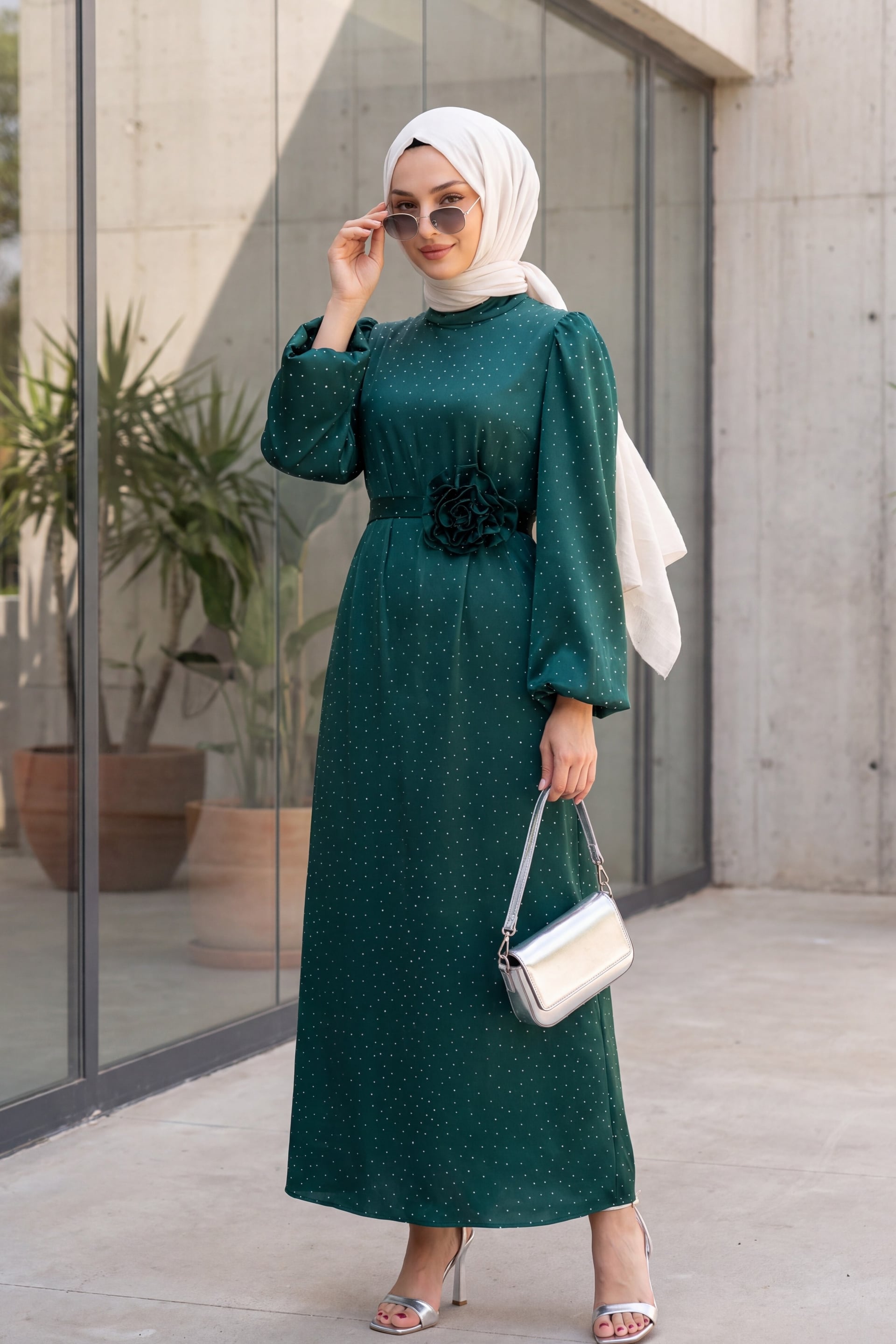Emerald Green Polka Dot Satin Dress with Puffed Sleeves and Belt - Podyumplus - by Peralane - photo 3