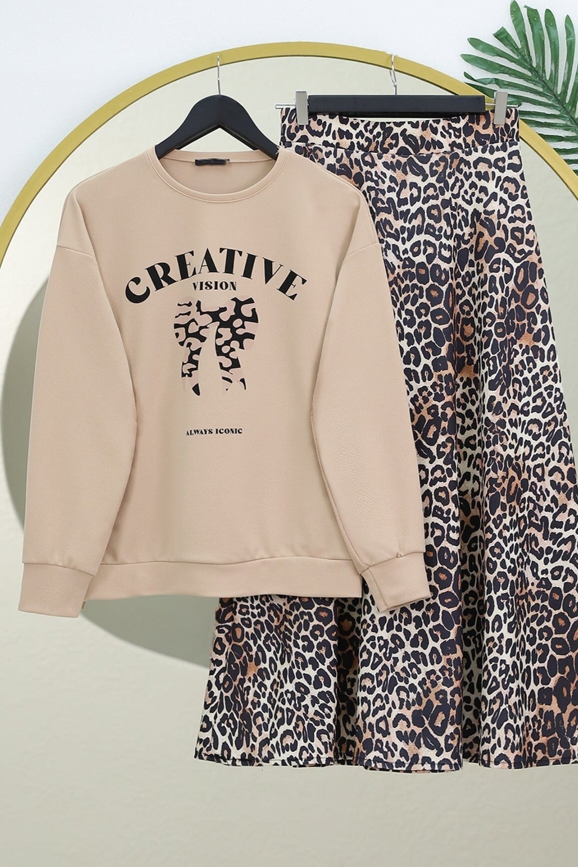 Beige Round Neck Bow Print Leopard Skirt Set for Women - Podyumplus - by Peralane