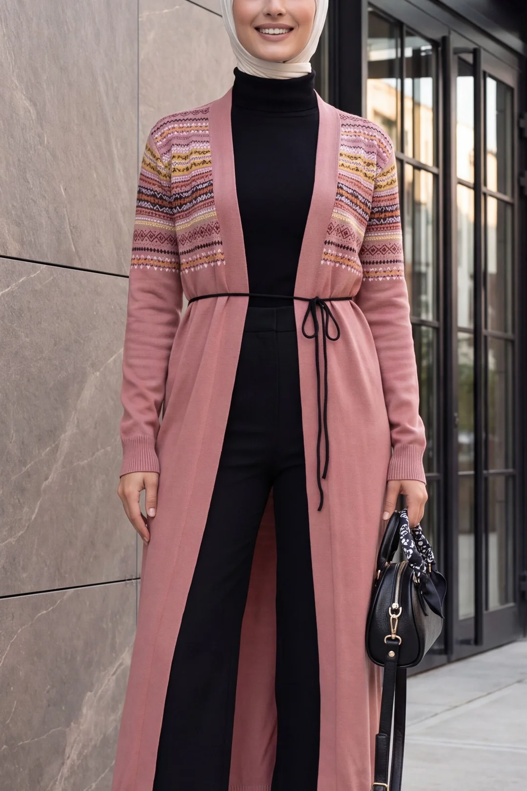 Long Knit Cardigan with Belt - Dusty Rose - Bigdart - by Peralane