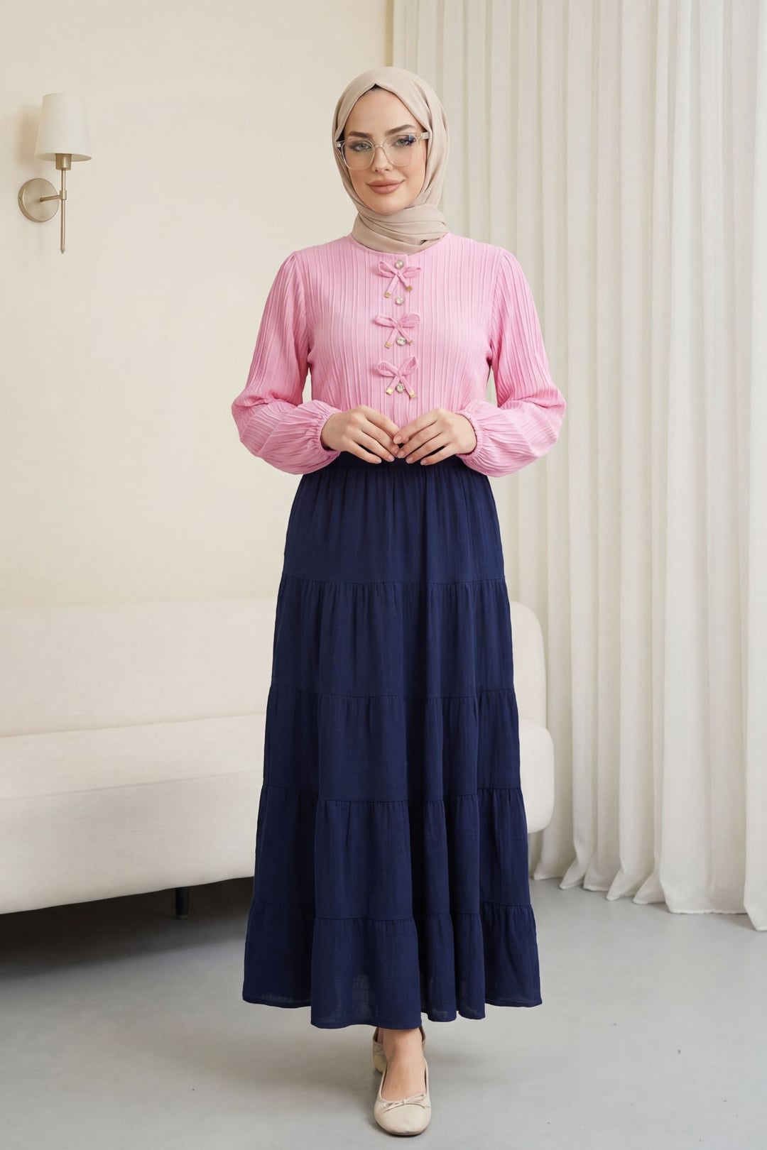 Elasticated Waist Tiered Muslin Maxi Skirt - Navy Blue - Podyumplus - by Peralane - photo 6
