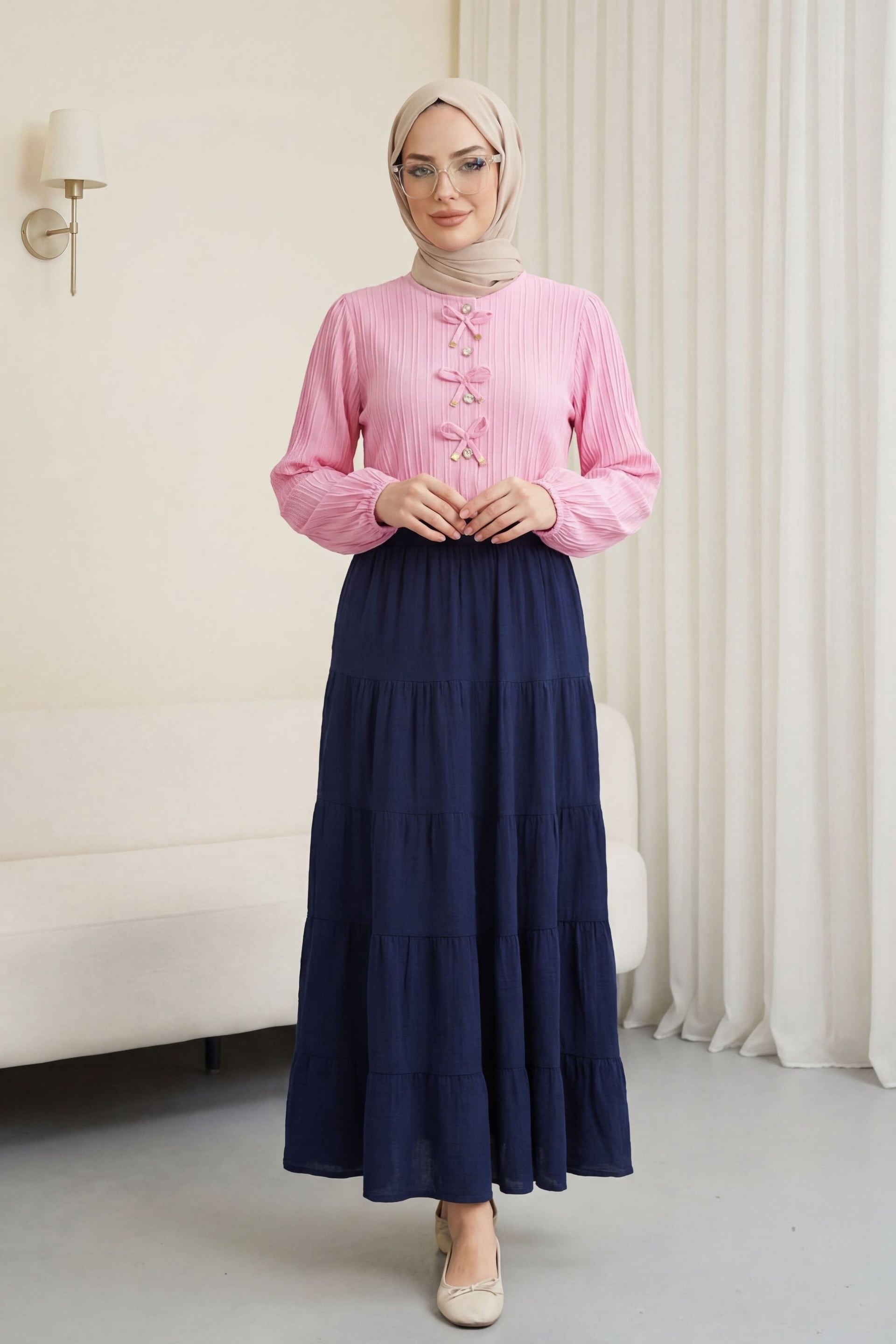 Elasticated Waist Tiered Muslin Maxi Skirt - Navy Blue - Podyumplus - by Peralane - photo 6