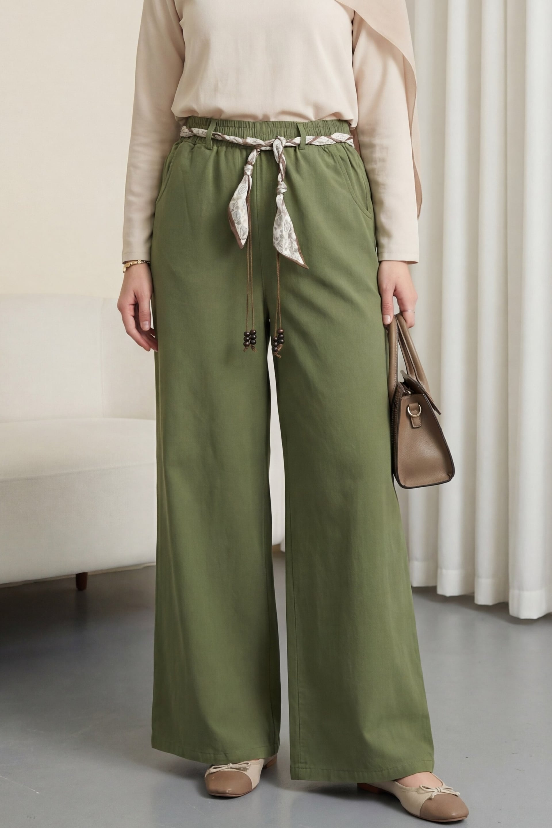 Olive Green Wide-Leg Elasticated Waist Trousers with Belt and Pockets - Podyumplus - by Peralane