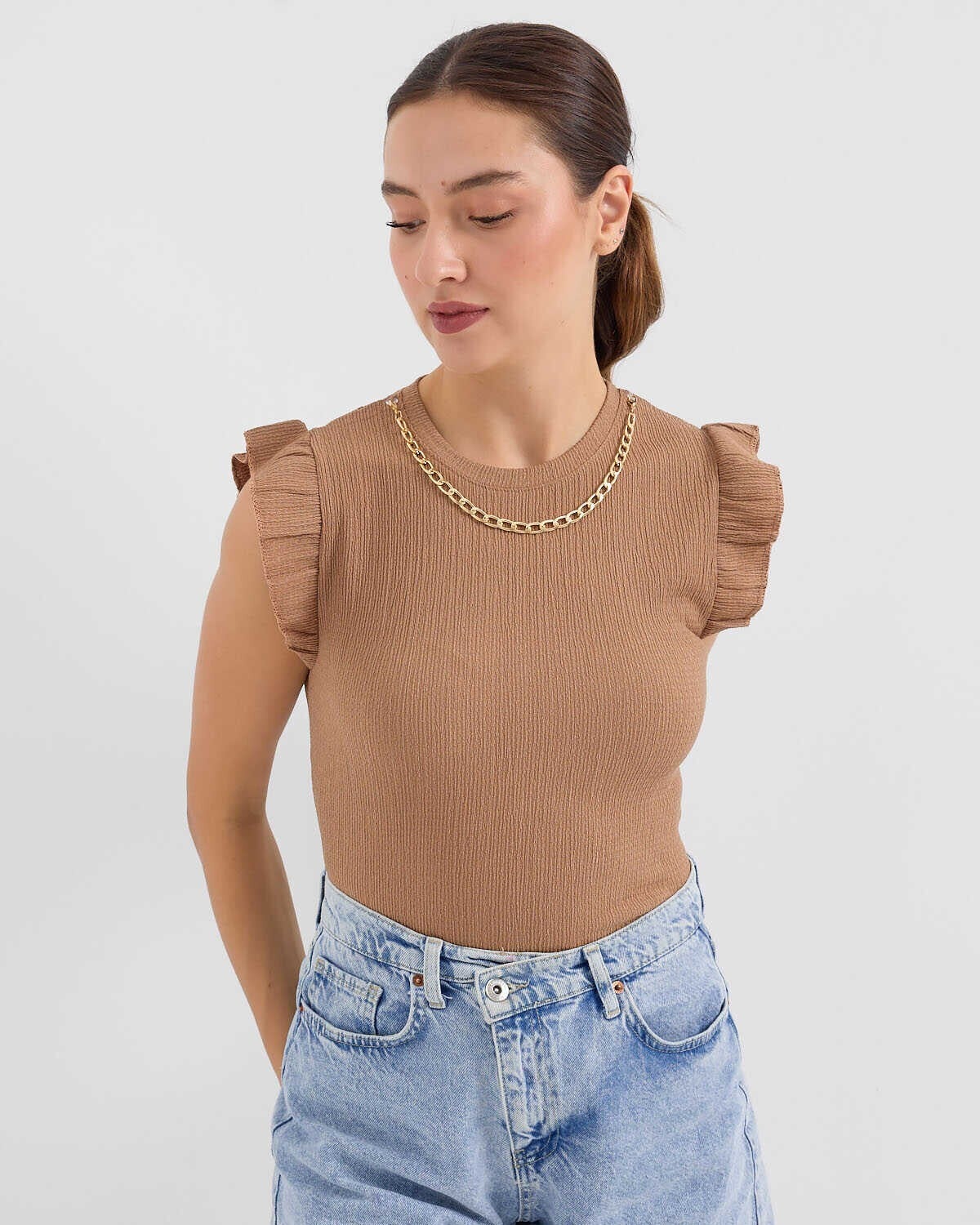 Women's Ribbed Knit T-Shirt with Ruffled Cap Sleeves - Caramel - Bigdart - by Peralane - photo 2