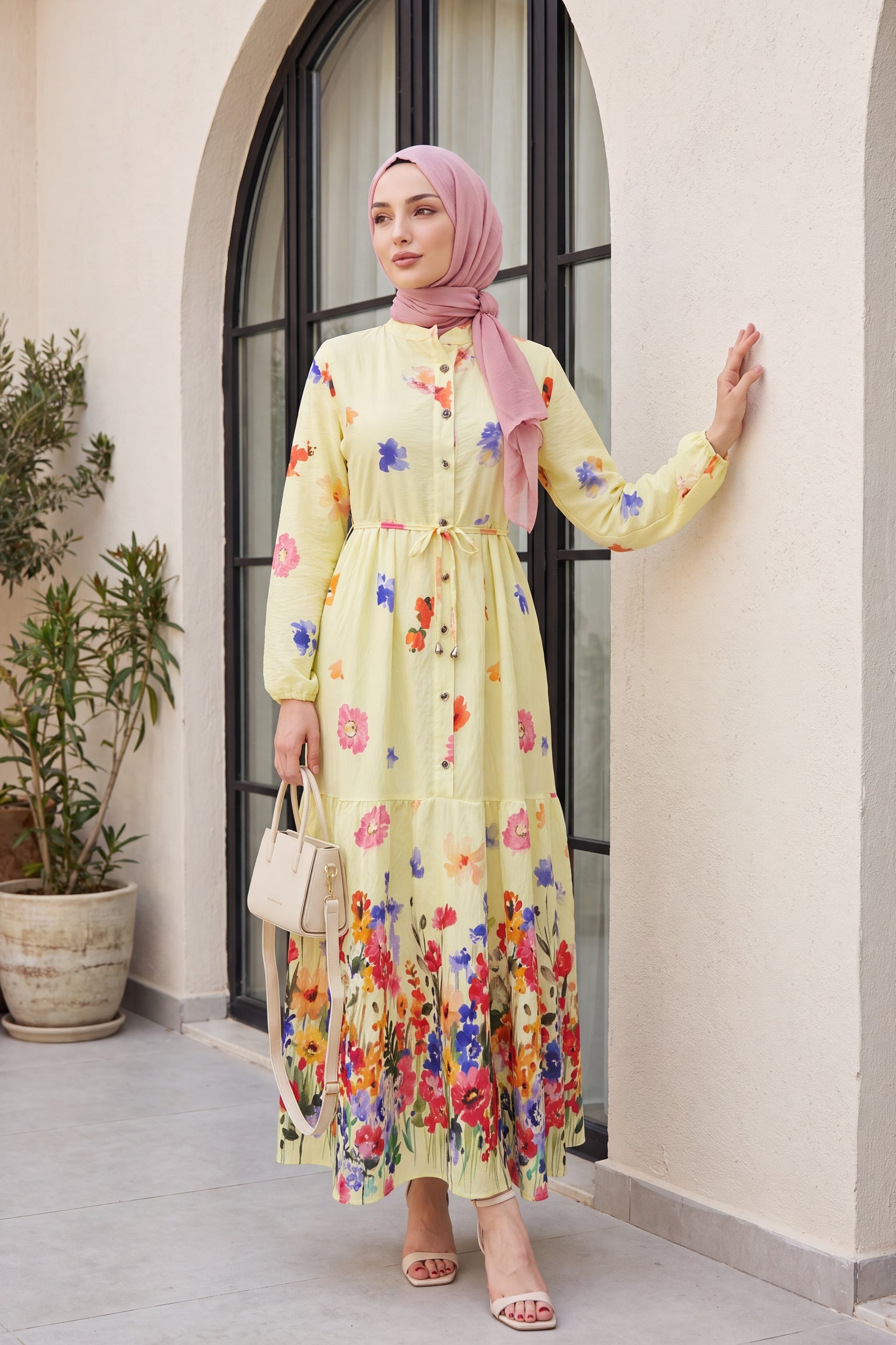 Floral Print Long-Sleeved Midi Dress with Tie Belt - Yellow - Podyumplus - by Peralane - photo 3