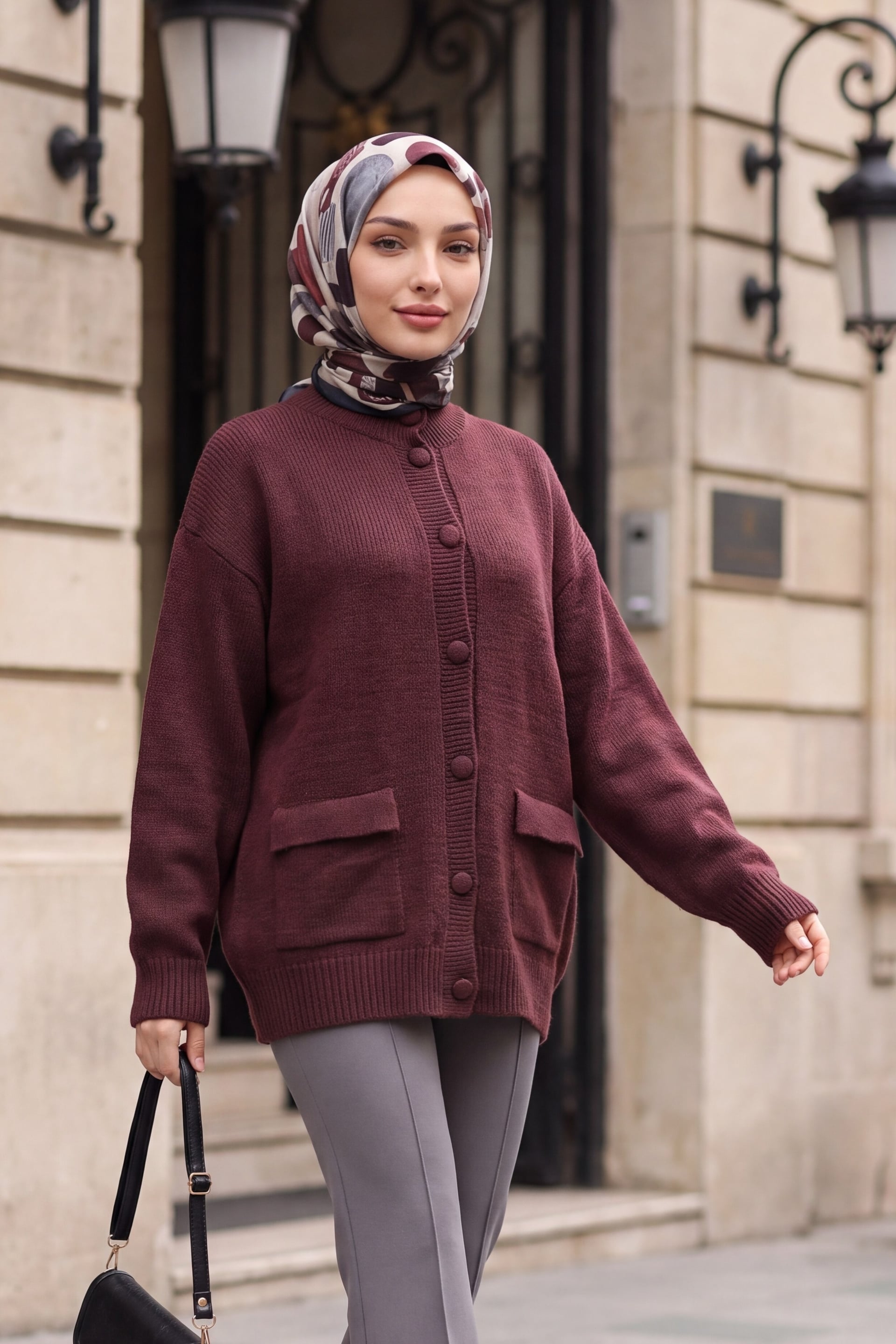 Burgundy Button-Front Half-Collar Loose Knit Cardigan with Pockets - Podyumplus - by Peralane