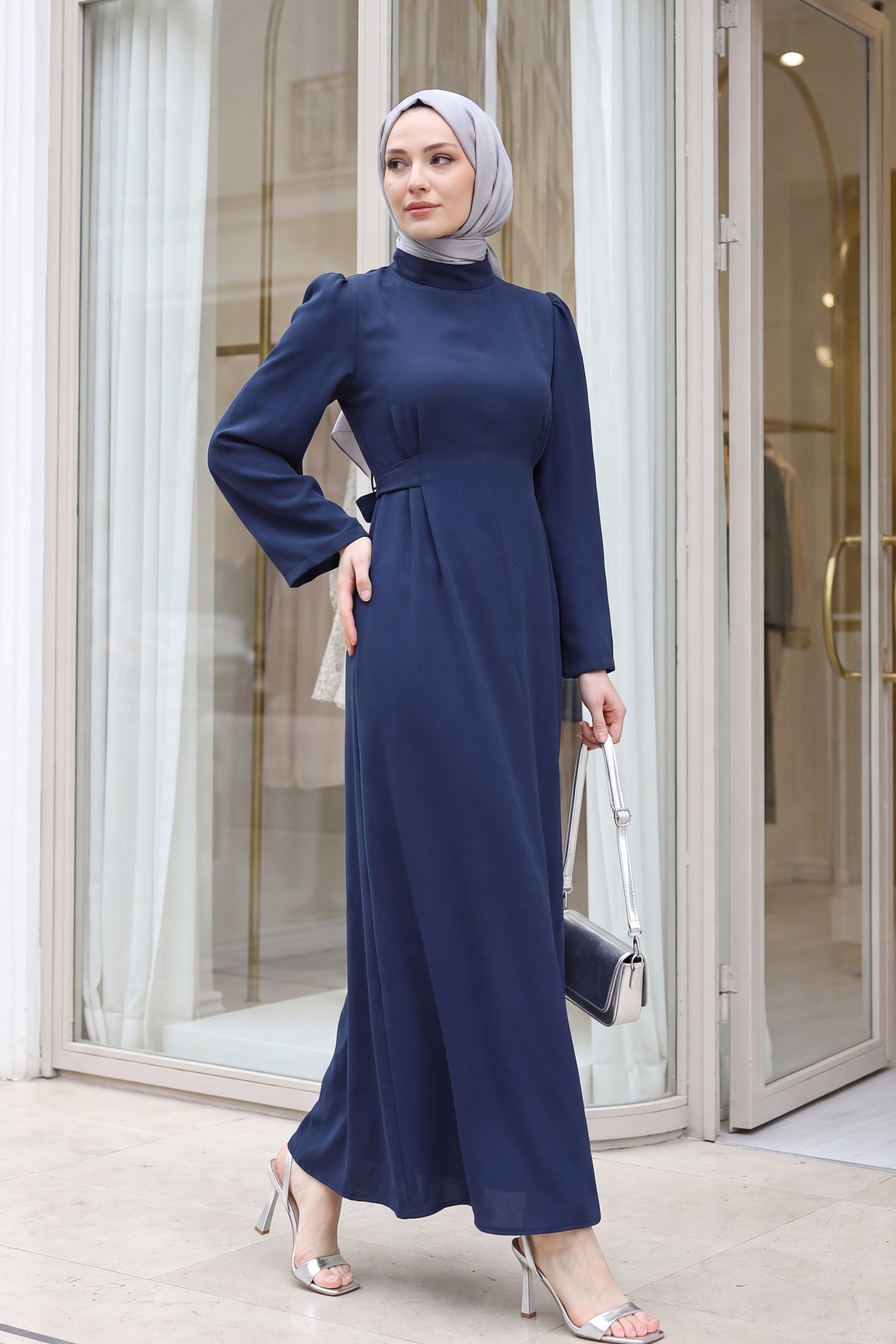 Mandarin Collar Belted Dress - Dark Navy - Podyumplus - by Peralane