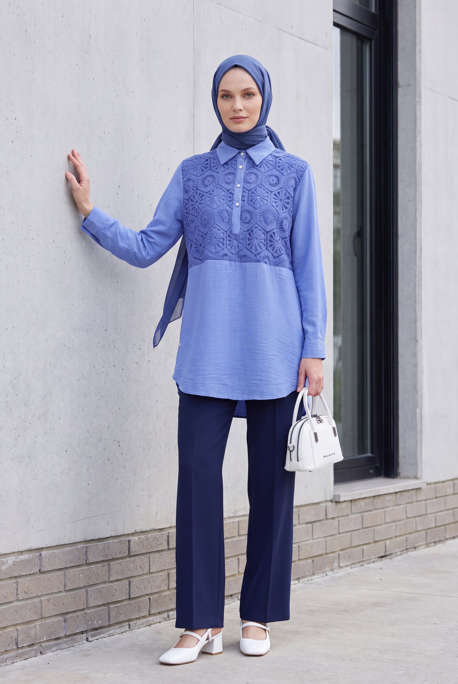 Lace Trim Button Detail Tunic Shirt - Indigo - Podyumplus - by Peralane - photo 2