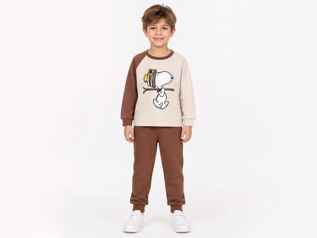 Snoopy Print Boys' Tracksuit Set - Dark Brown - Vovido - by Peralane