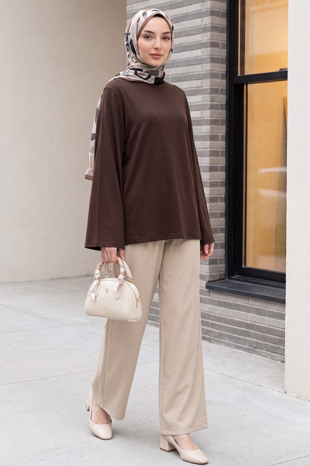 Dark Brown Crew Neck Spanish Sleeve Padded Shoulder Lining Blouse - Podyumplus - by Peralane - photo 3