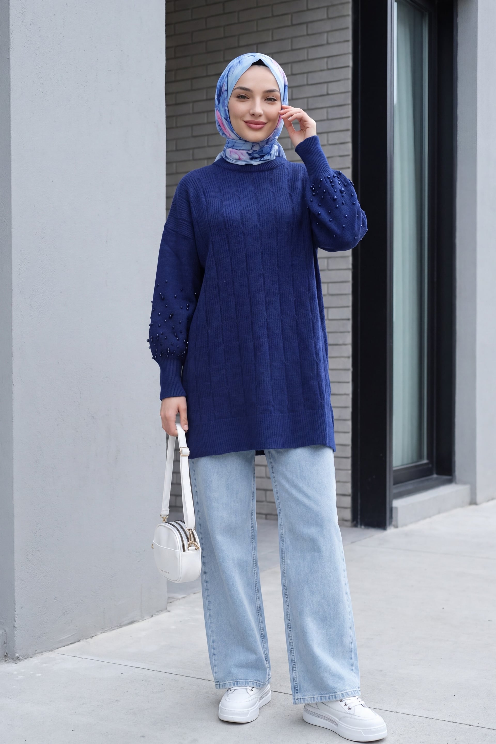 Pearl Detail Patterned Relaxed Knit Tunic - Navy - Podyumplus - by Peralane - photo 3