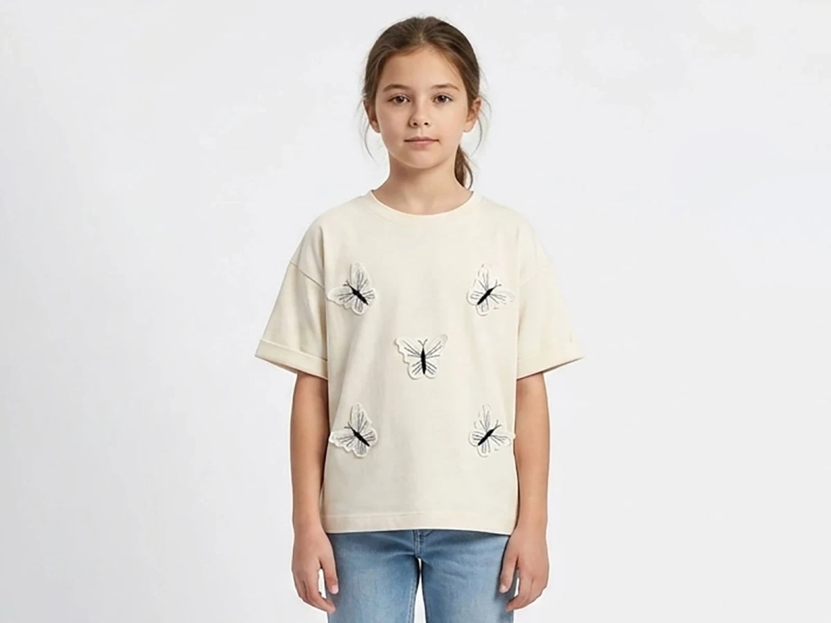 Butterfly Appliqué Girls' T-Shirt - Cream (Pack of 4) - ÖZ Bebe - by Peralane