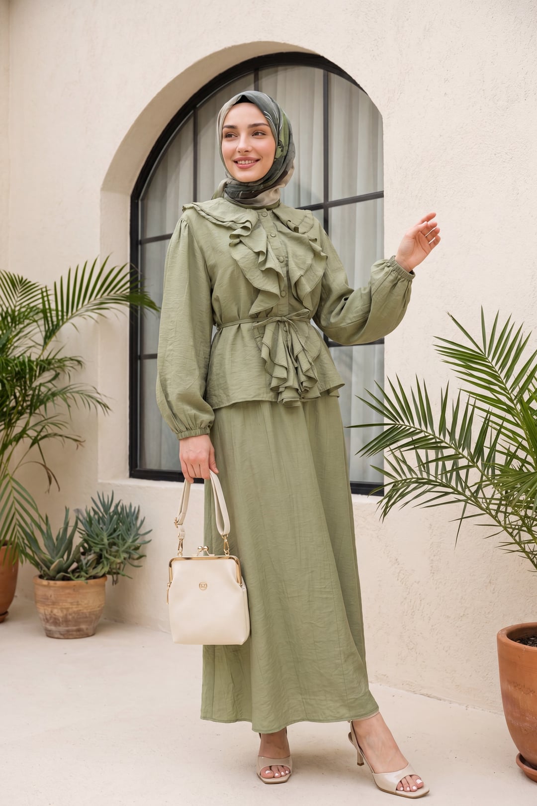Ruffled Front Long Sleeve Tie Waist Blouse and A-Line Skirt Modest Set - Olive Green - Podyumplus - by Peralane - photo 2