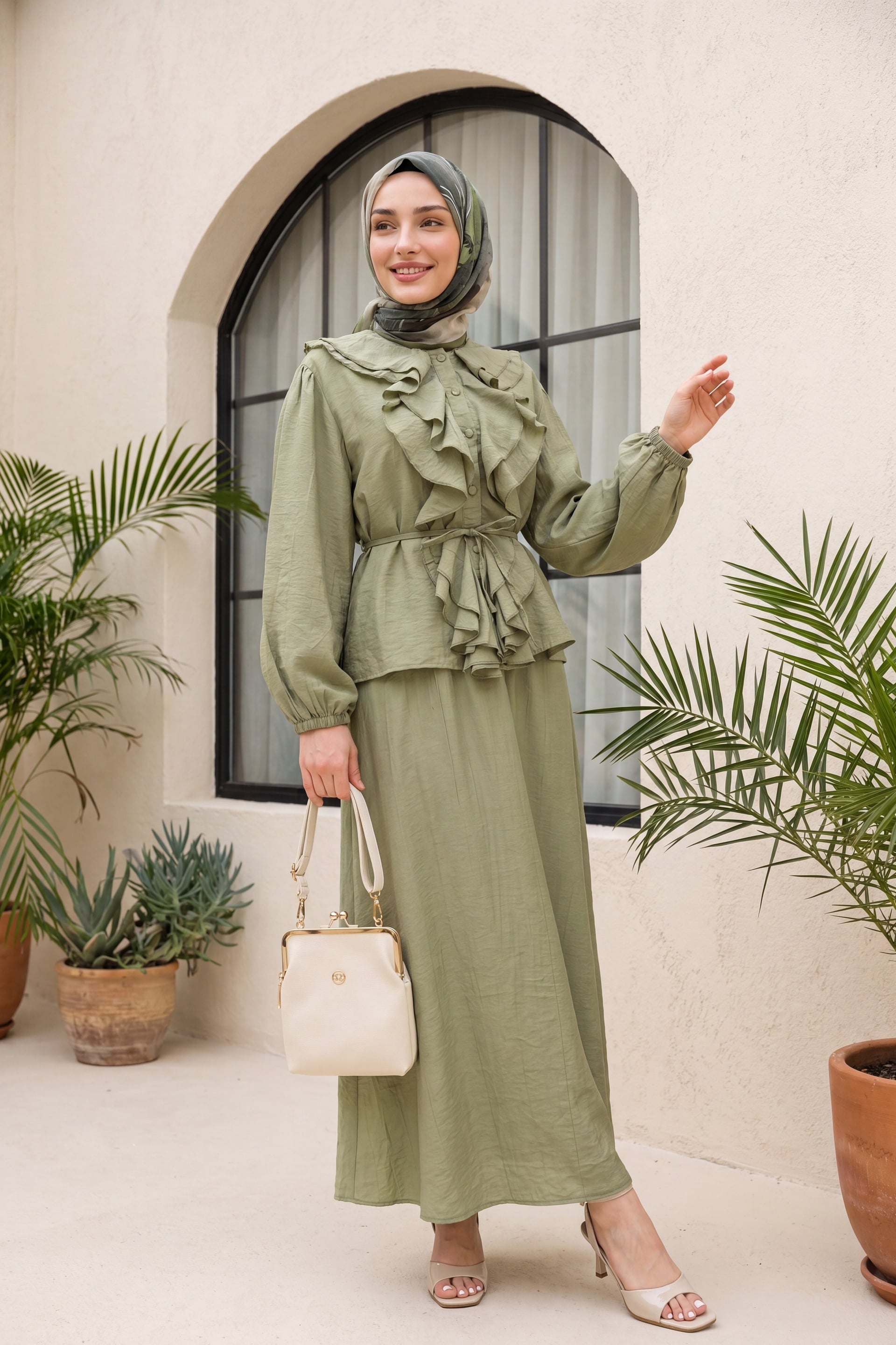 Ruffled Front Long Sleeve Tie Waist Blouse and A-Line Skirt Modest Set - Olive Green - Podyumplus - by Peralane - photo 2