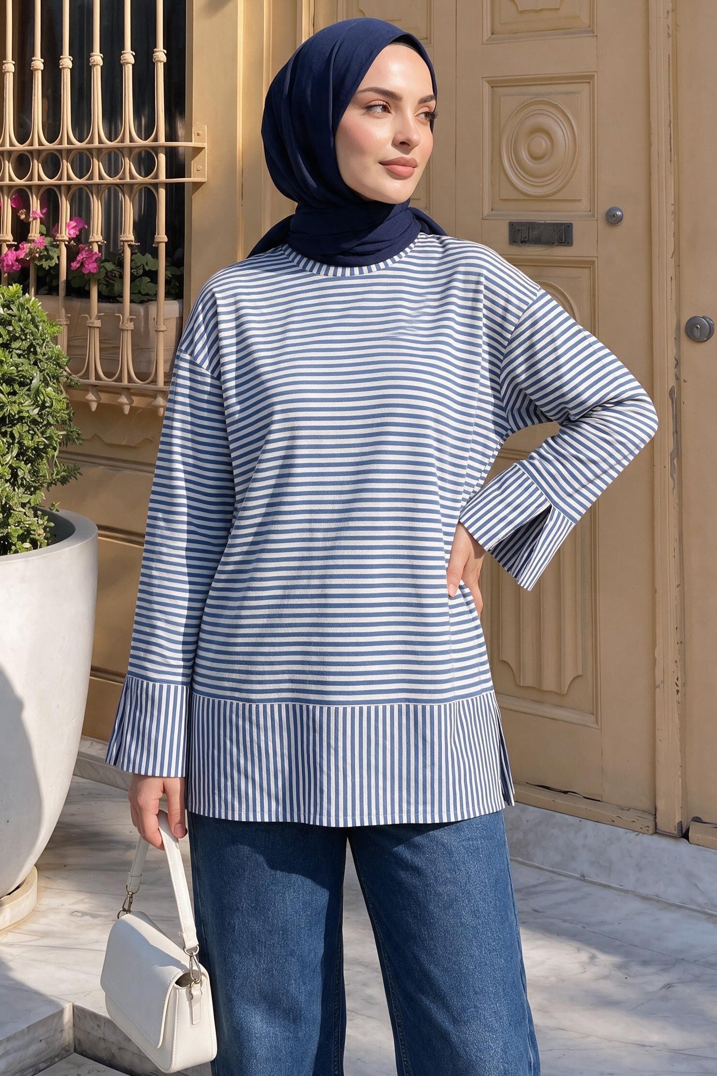 Women's Striped Viscose Sweatshirt with Crew Neck and Side Slits - Indigo - Podyumplus - by Peralane - photo 4
