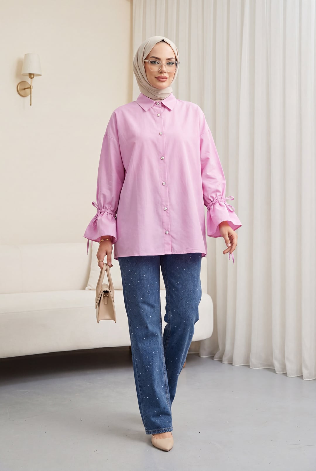 Light Pink Pleated Back Blouse with Ruched Sleeves - Podyumplus - by Peralane - photo 2