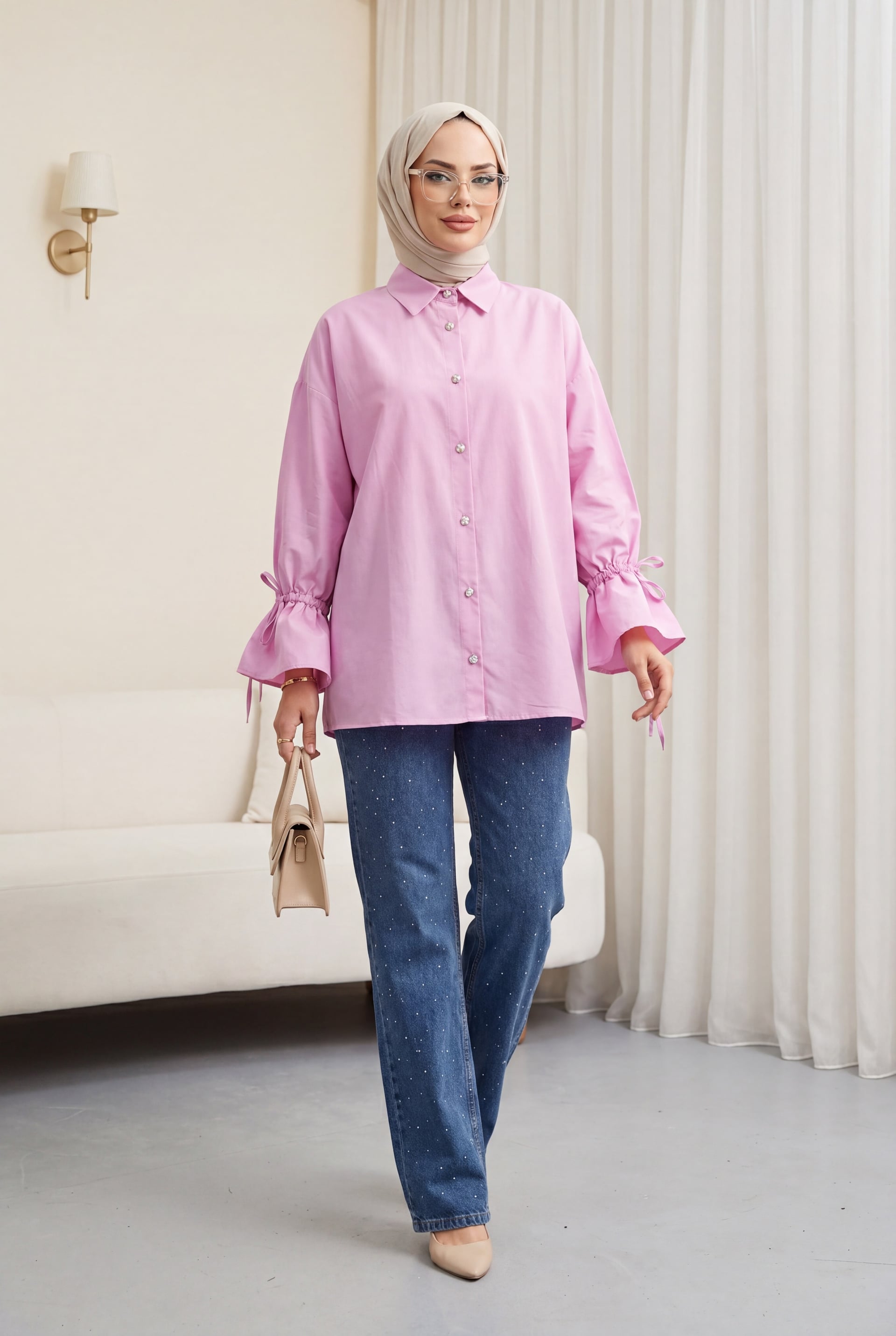 Light Pink Pleated Back Blouse with Ruched Sleeves - Podyumplus - by Peralane - photo 2