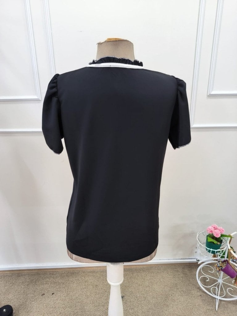 Women's Short-Sleeved Ruffle Tie-Neck Crepe Blouse in Black - Janes - by Peralane - photo 6